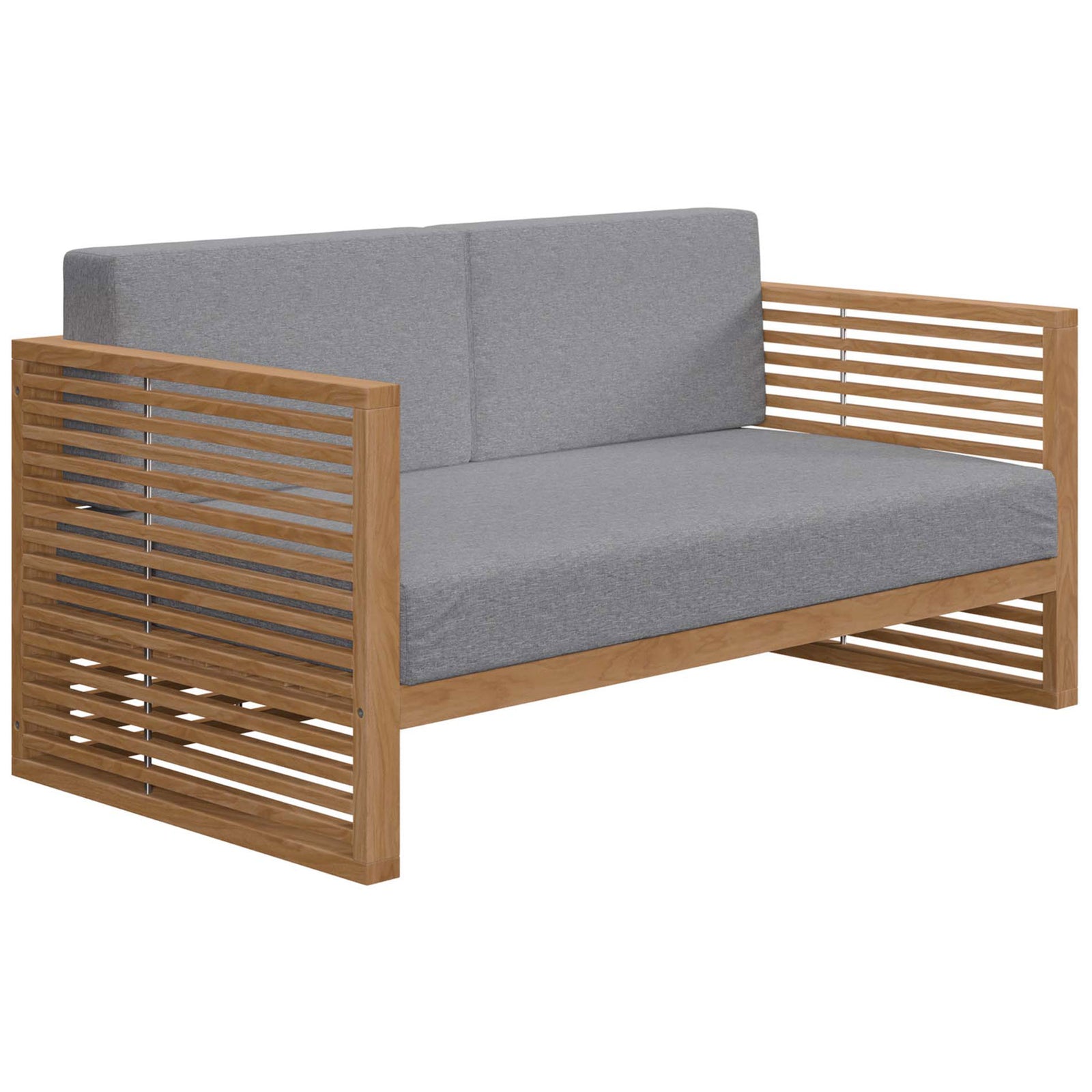 Premium teak loveseat with deep gray cushions showcasing the open slatted sides and sleek base. || EEI-5605-NAT-GRY || front_angle_studio