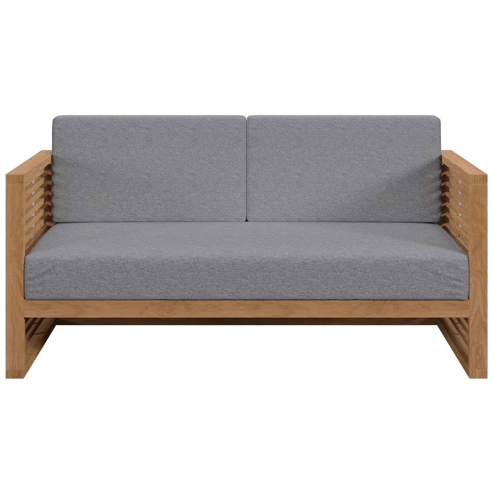 Teak outdoor loveseat with gray Sunproof cushions and bold horizontal slatted arms. || EEI-5605-NAT-GRY || front_studio