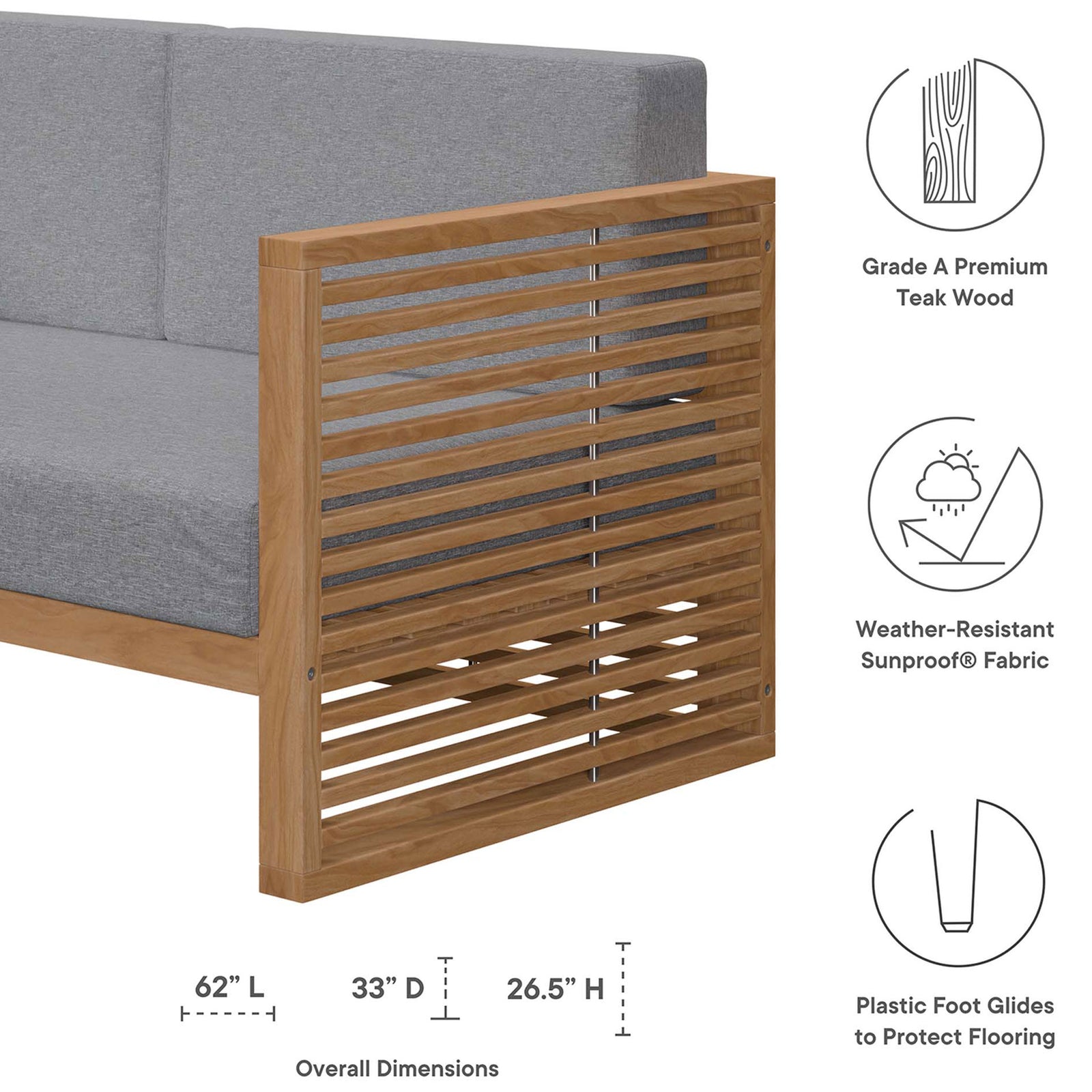 Feature graphic showing teak loveseat side panel, overall dimensions, and weather-resistant fabric icons. || EEI-5605-NAT-GRY || dimension_studio