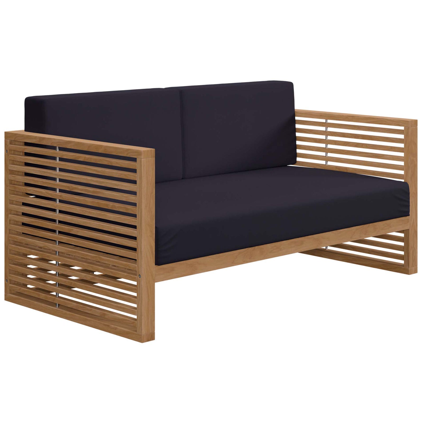 Premium teak loveseat with deep navy cushions emphasizing the open slatted sides and low profile base. || EEI-5605-NAT-NAV || front_angle_studio