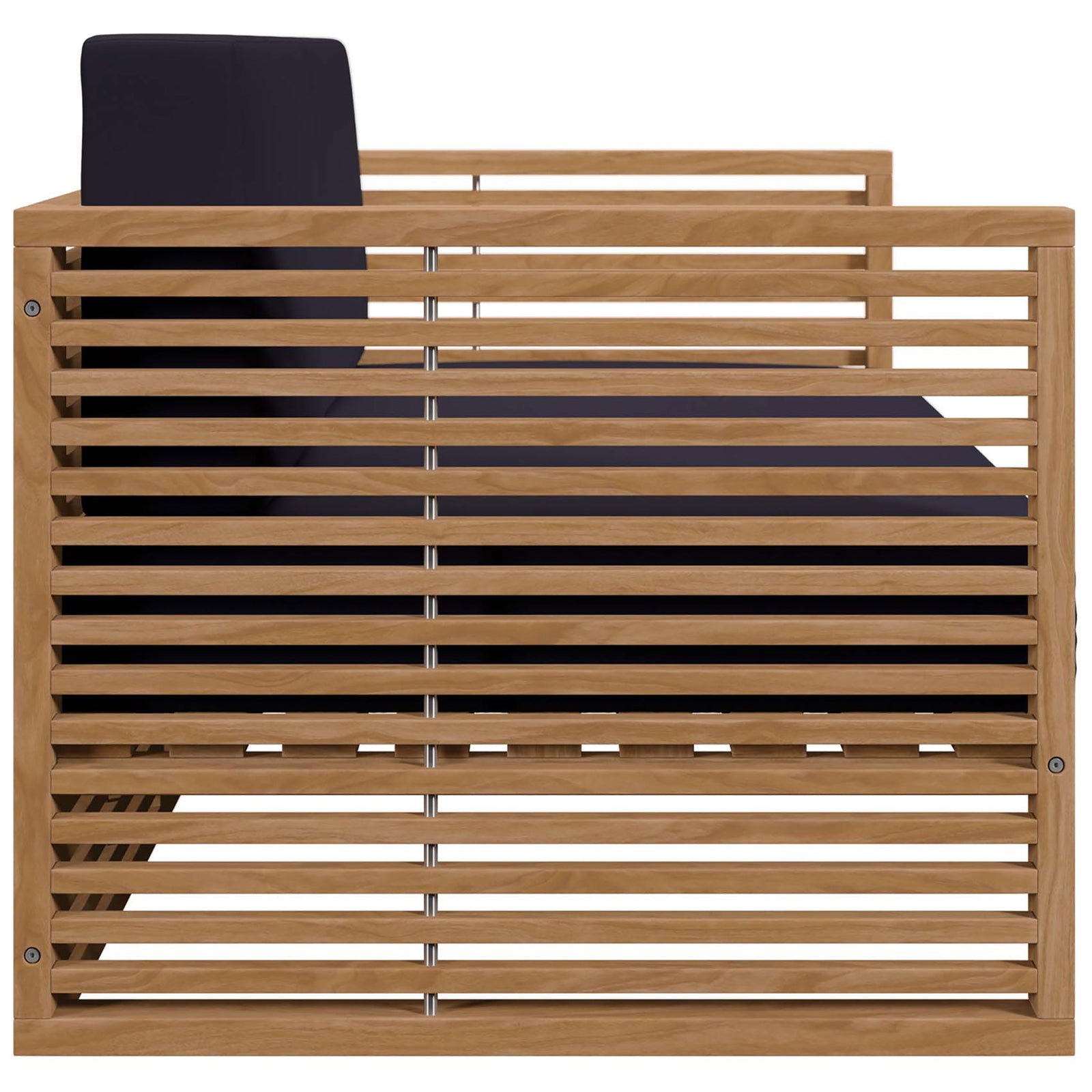Side view of the teak patio loveseat highlighting the horizontal slat pattern and thick navy cushions. || EEI-5605-NAT-NAV || side_studio