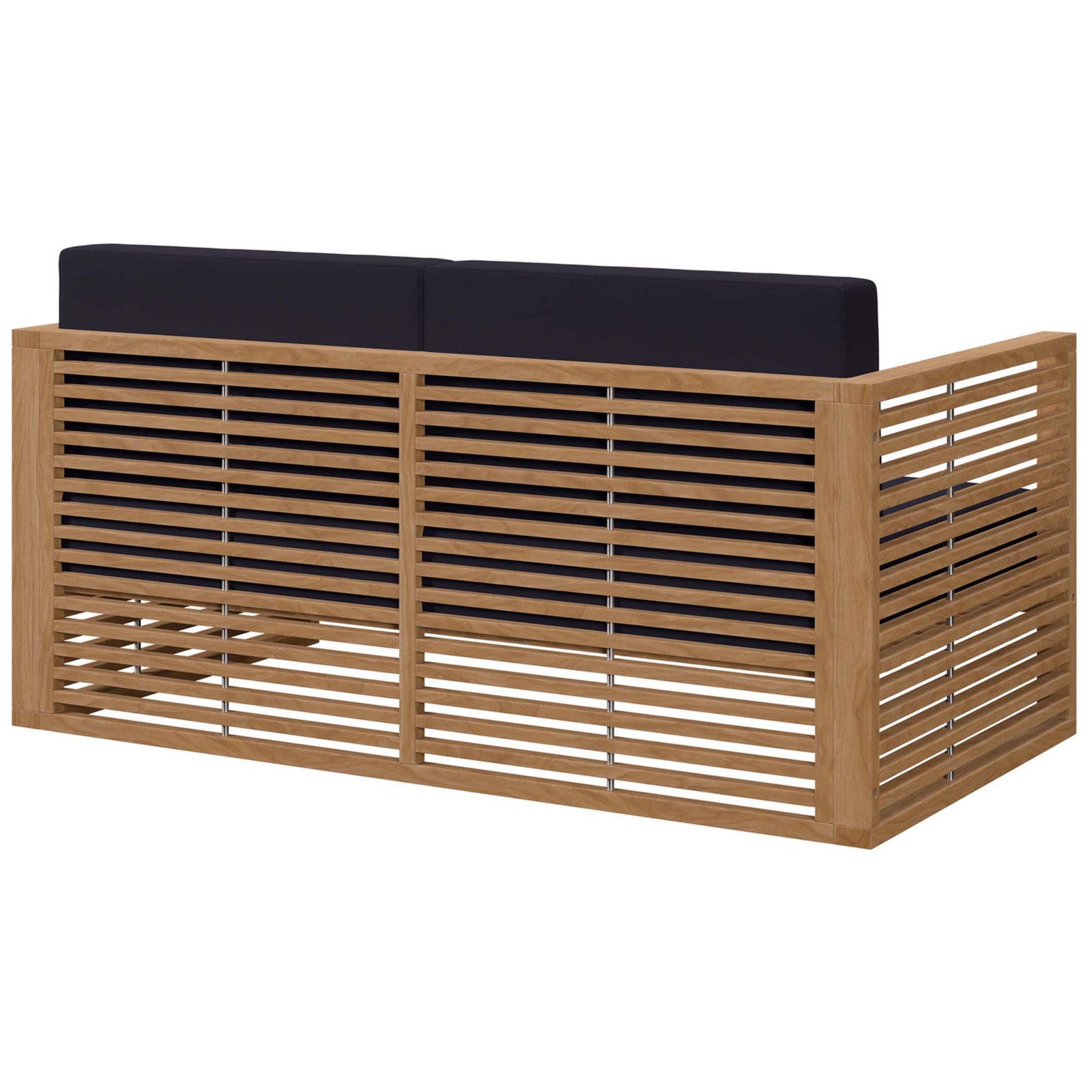 Back view of the teak loveseat with full-width slatted frame and structured navy back cushions. || EEI-5605-NAT-NAV || back_angle_studio