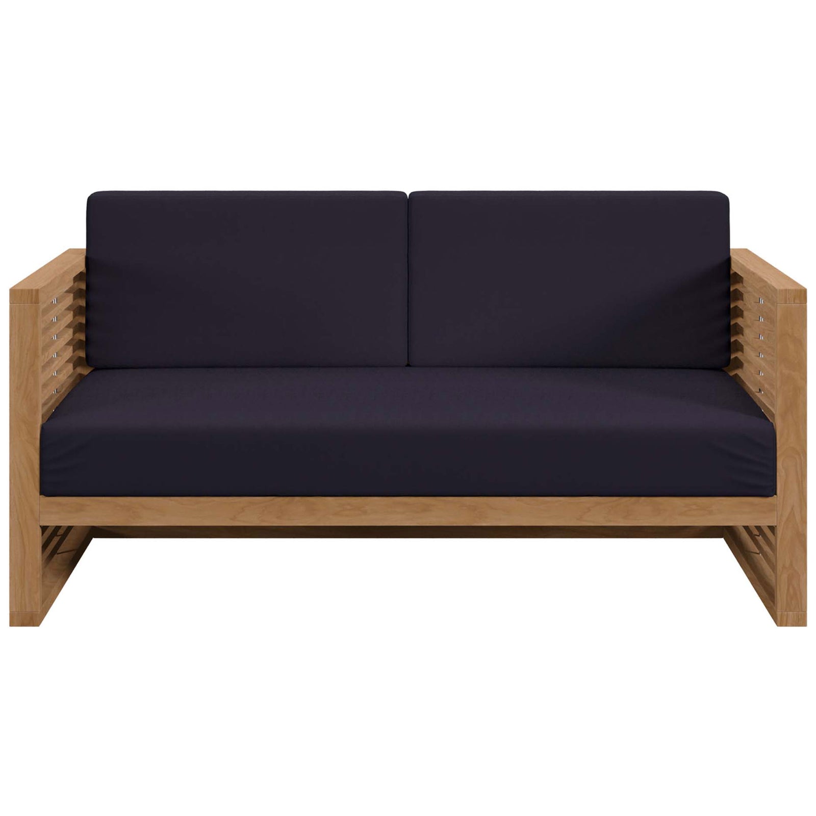 Teak outdoor loveseat with navy Sunproof cushions and clean-lined slatted arms for modern patios. || EEI-5605-NAT-NAV || front_studio
