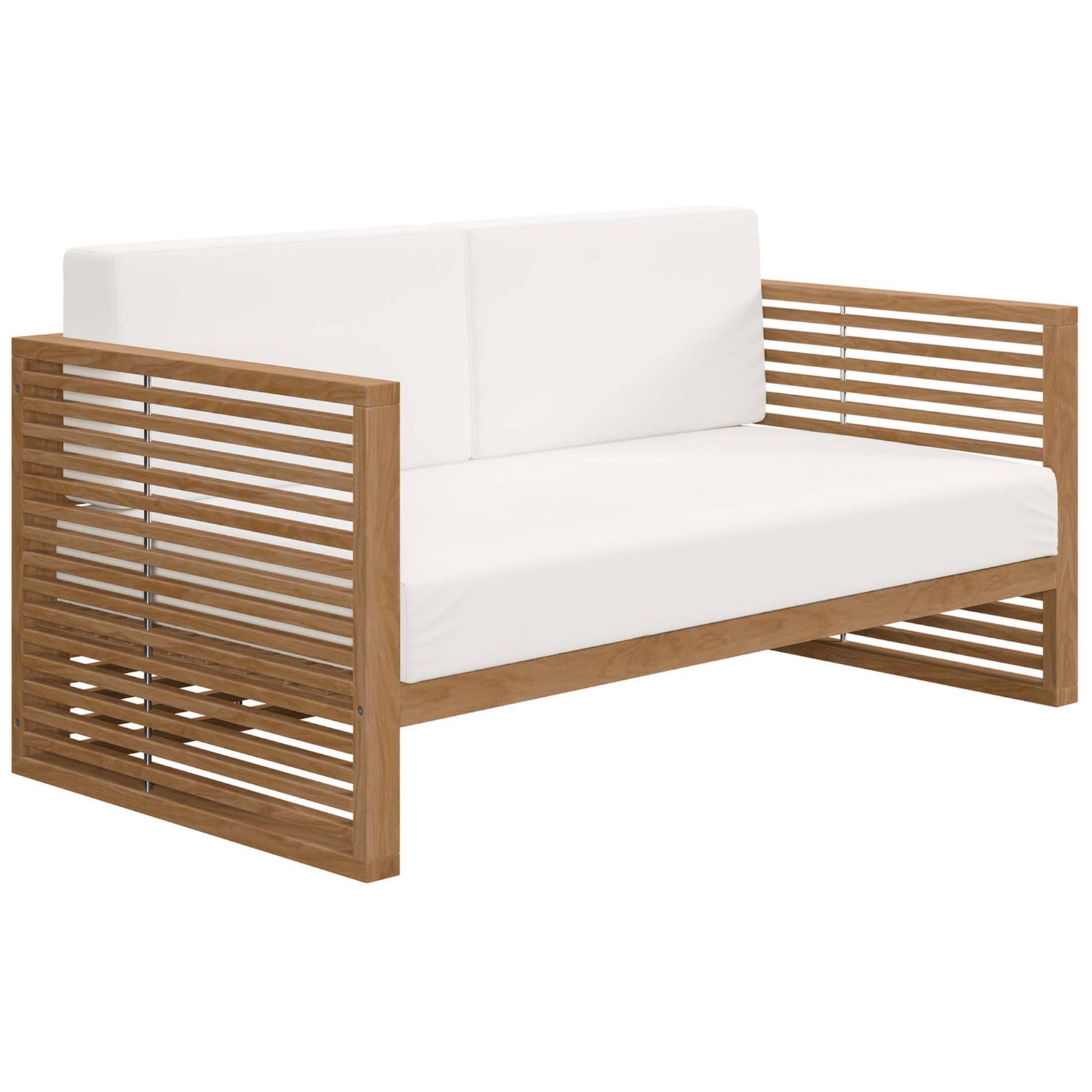 Premium teak loveseat with crisp white cushions showcasing the open slatted arms and sturdy base. || EEI-5605-NAT-WHI || front_angle_studio