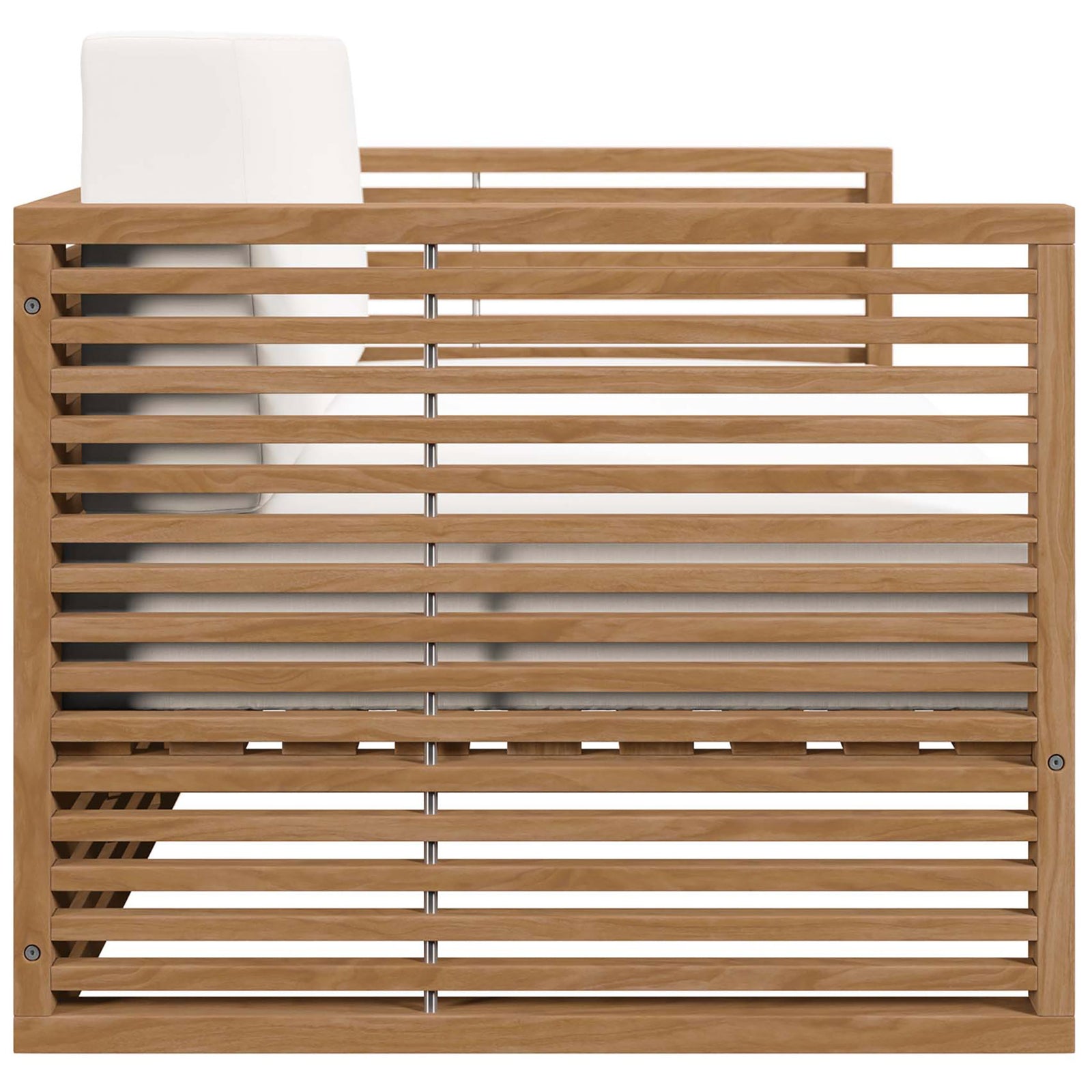 Side view of the teak patio loveseat highlighting the layered slat construction and thick white cushions. || EEI-5605-NAT-WHI || side_studio