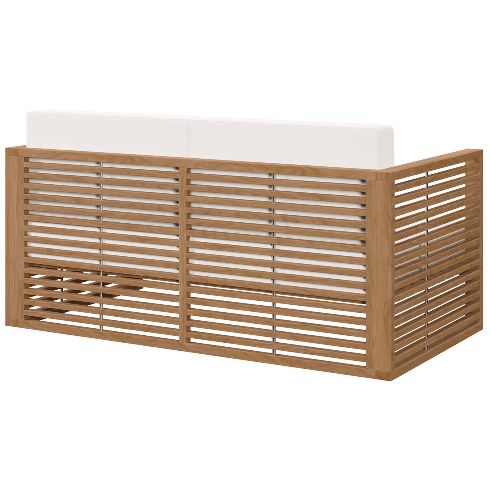 Back view of the teak loveseat with continuous slatted frame and supportive white back cushions. || EEI-5605-NAT-WHI || back_angle_studio