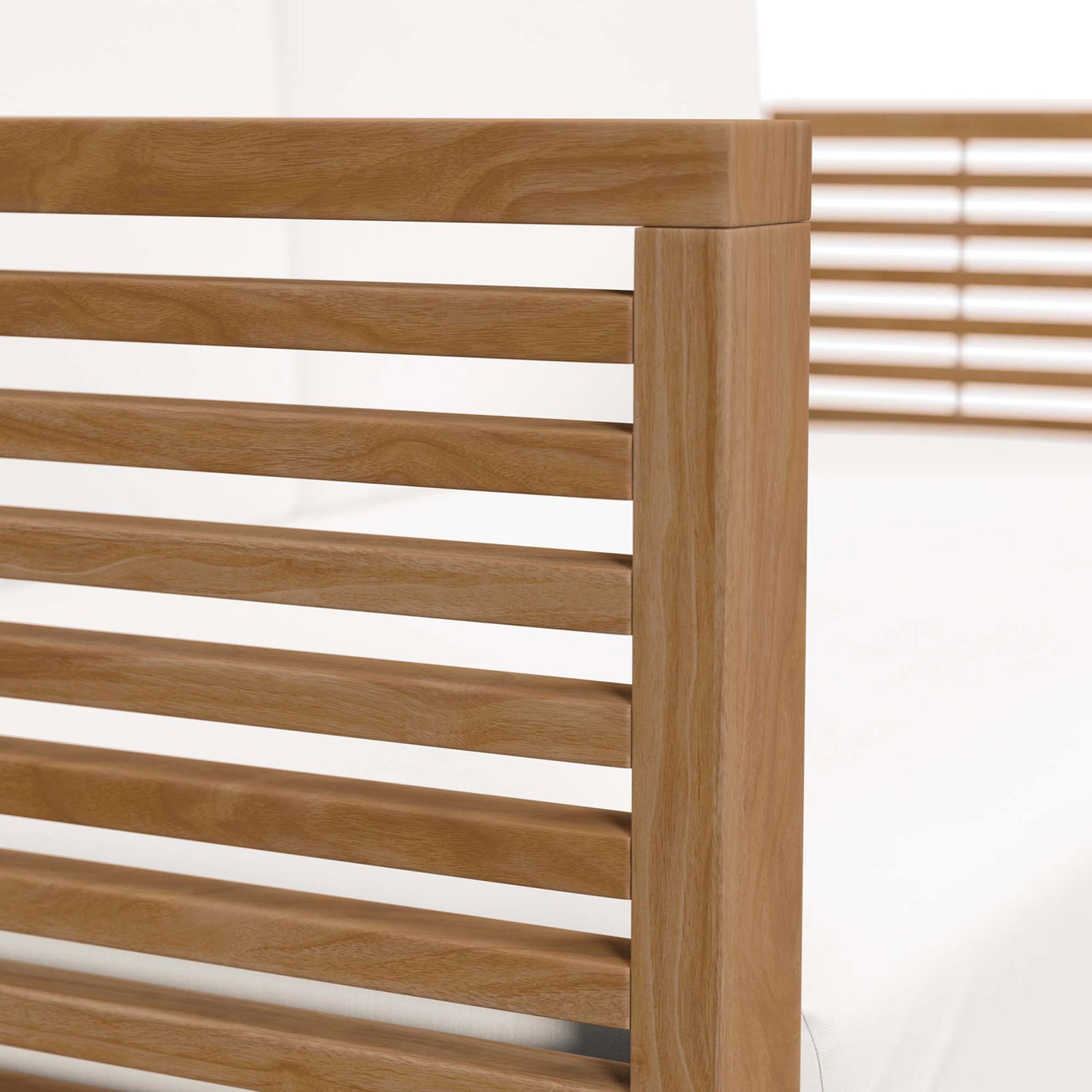 Close-up of the smooth teak armrest and tailored white cushion for a fresh modern outdoor aesthetic. || EEI-5605-NAT-WHI || detail_studio