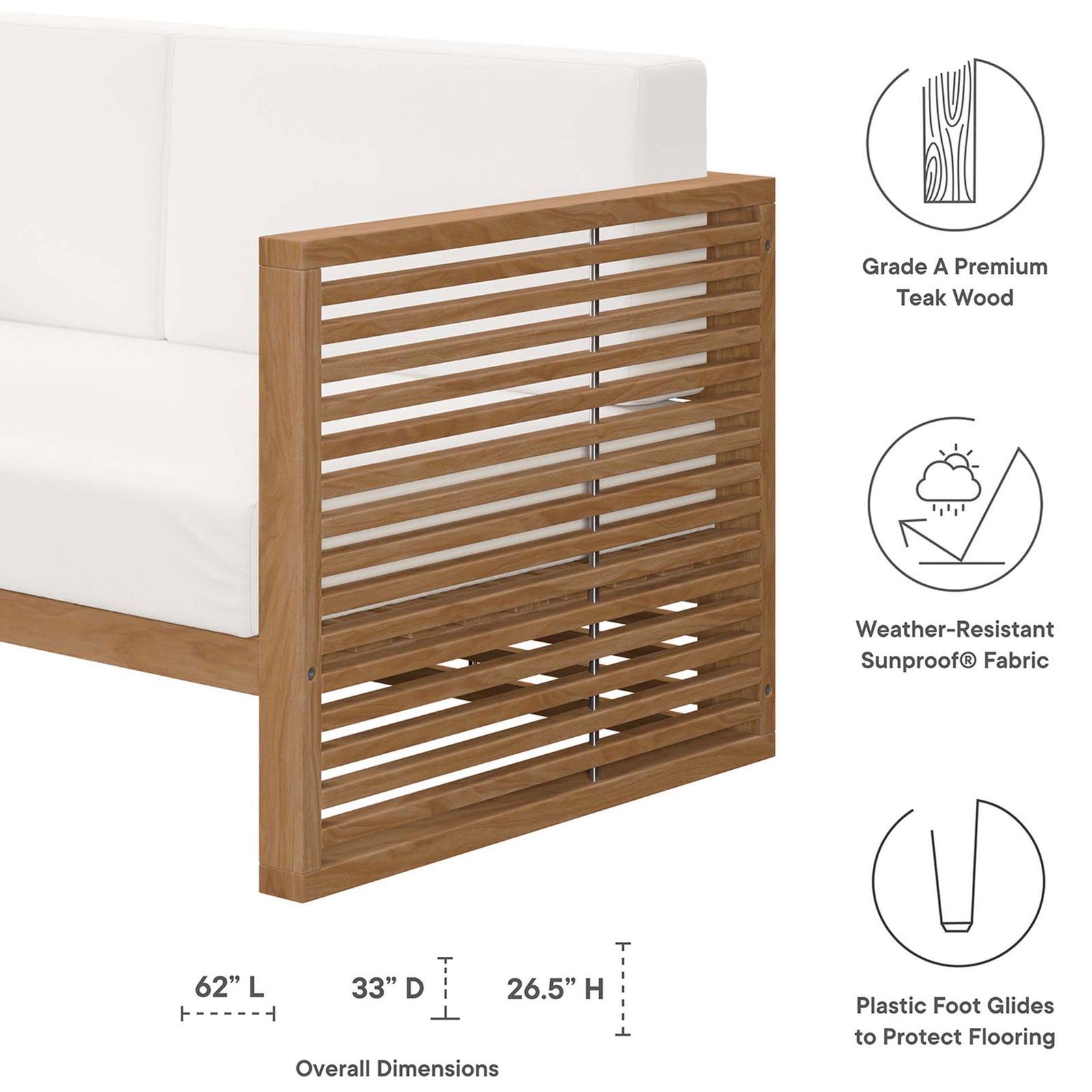 Feature graphic showing teak loveseat side, overall dimensions, and icons for weather-resistant materials. || EEI-5605-NAT-WHI || dimension_studio