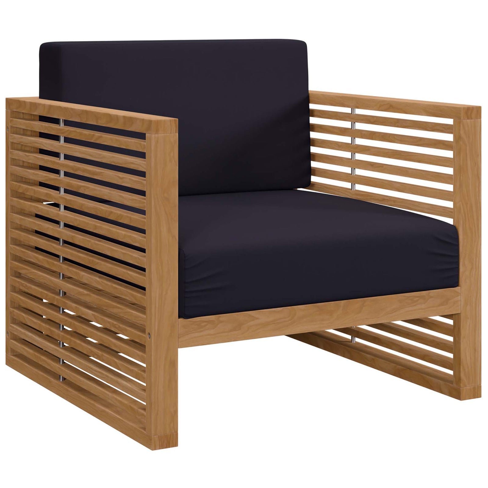 Modern teak patio armchair featuring navy box cushions framed by open slatted sides. || EEI-5606-NAT-NAV || front_angle_studio