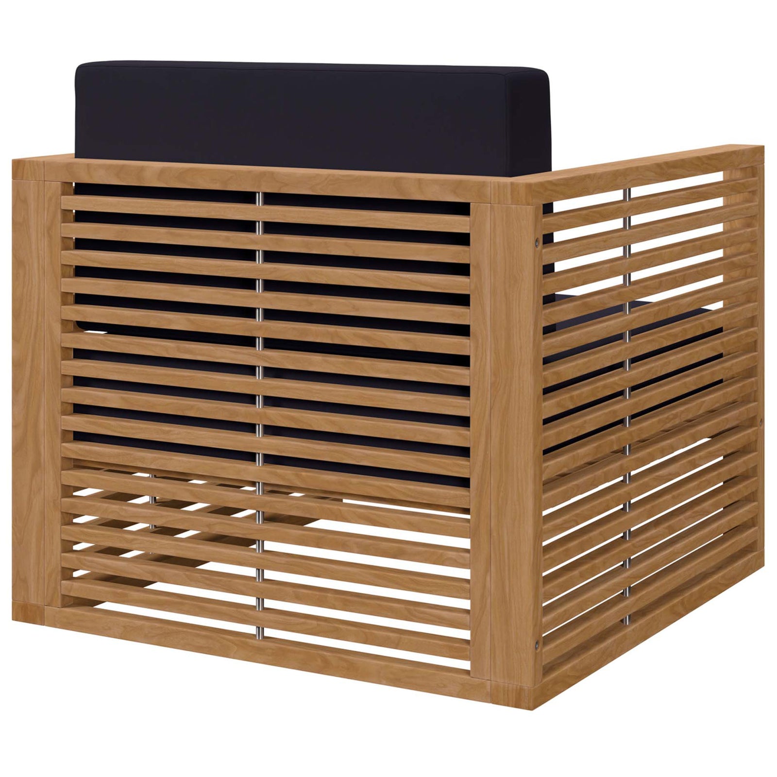 Carlsbad patio armchair with wraparound teak slat frame and plush navy cushions. || EEI-5606-NAT-NAV || back_angle_studio