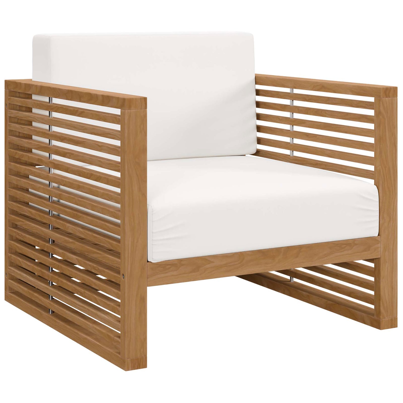 Contemporary teak patio armchair featuring white box cushions and airy open slatted sides. || EEI-5606-NAT-WHI || front_angle_studio