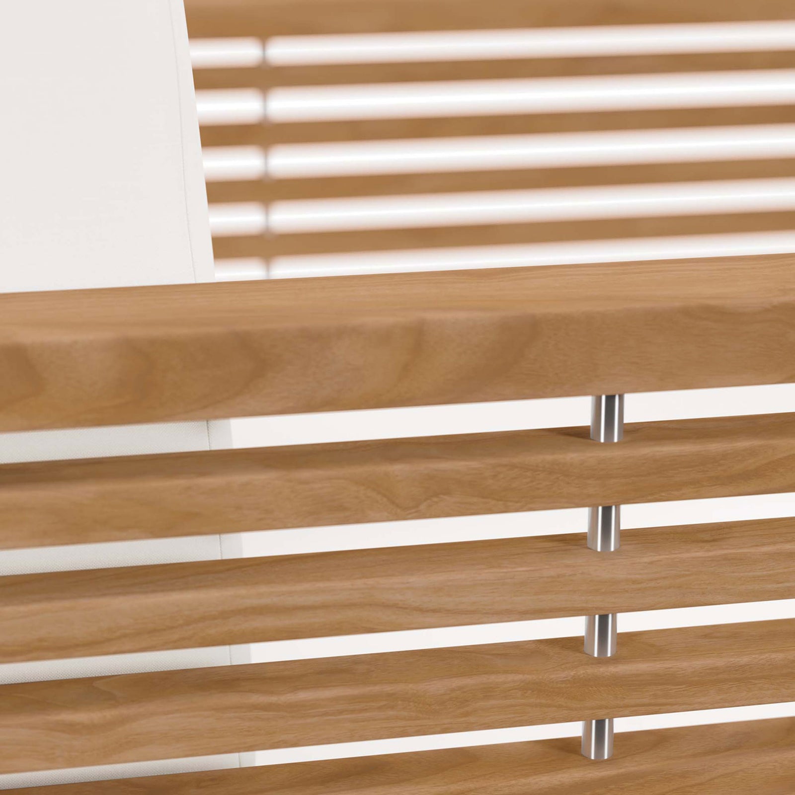 Grade A teak slats and white Sunproof cushion fabric accent the Carlsbad outdoor armchair. || EEI-5606-NAT-WHI || detail_studio