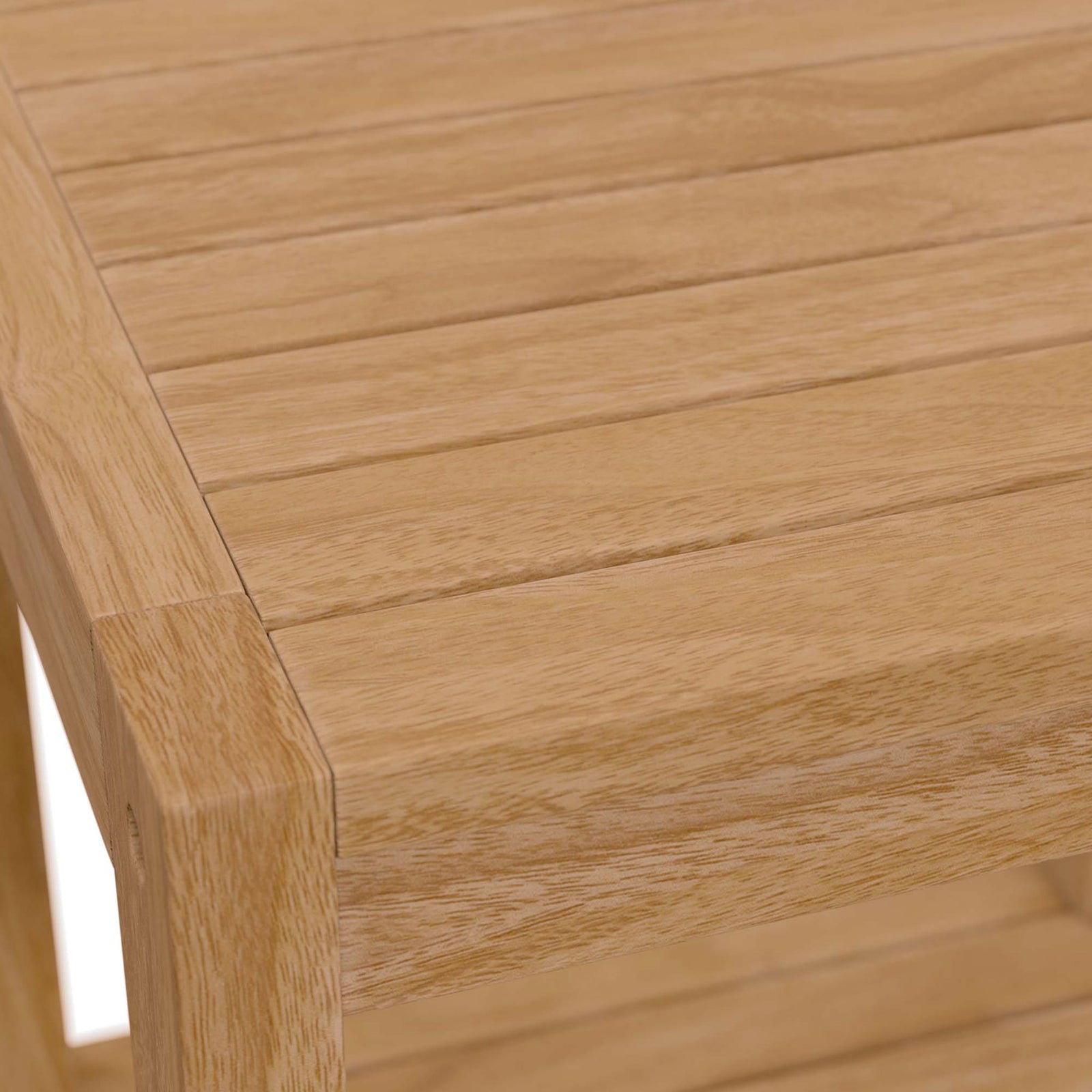 Corner of teak side table showcasing precise joinery and continuous slatted surface || EEI-5607-NAT || swatch_studio