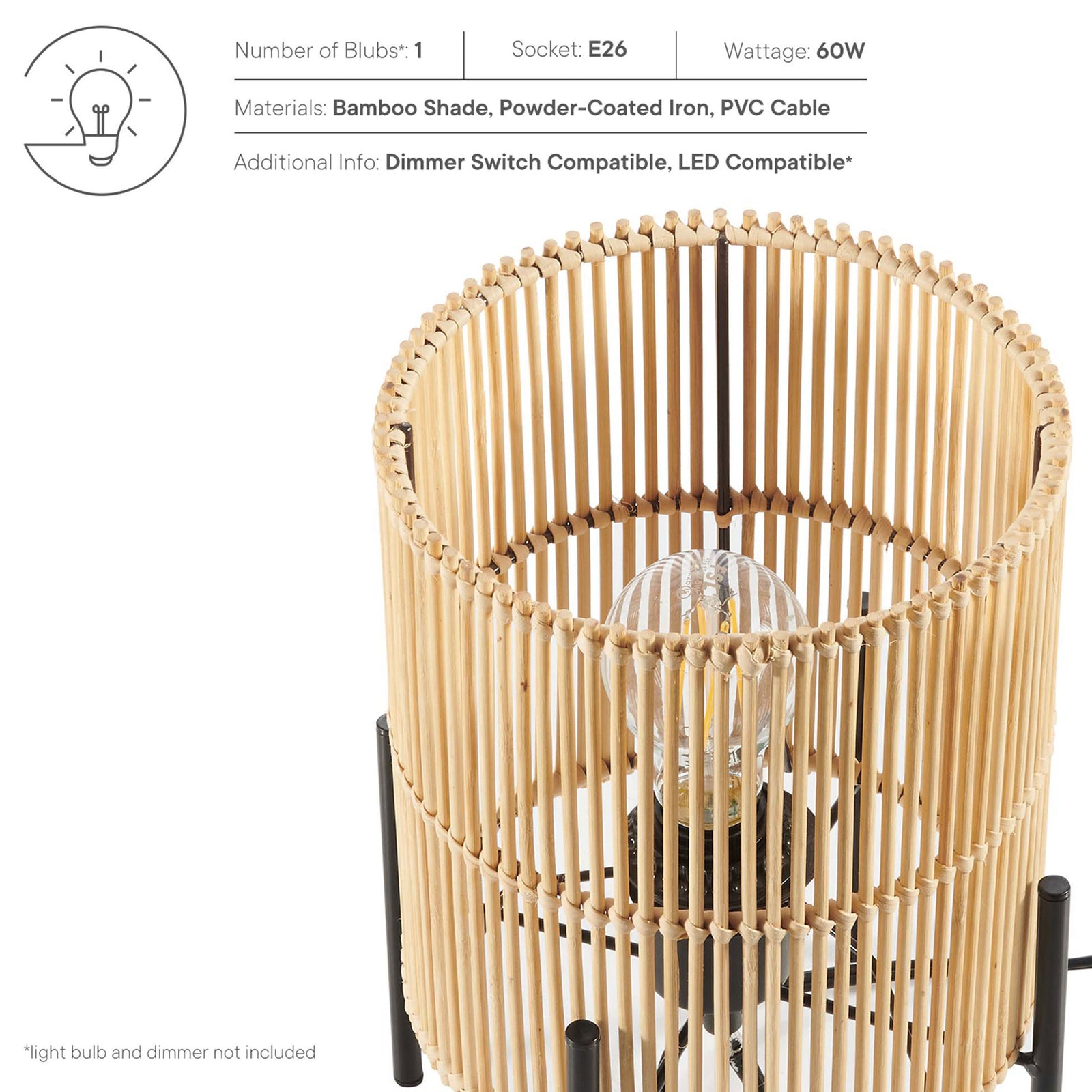 Key specs for the Casen bamboo lamp including bulb type, wattage, materials, and dimmer compatibility || EEI-5610-NAT || callout_studio