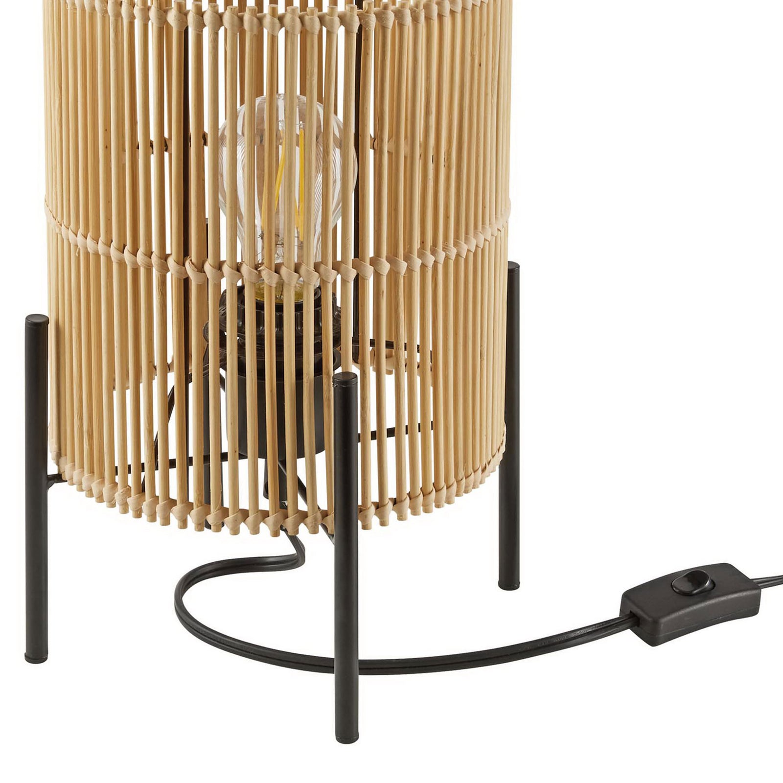 Black metal legs and inline cord switch detail of the Casen bamboo table lamp || EEI-5610-NAT || leg_studio