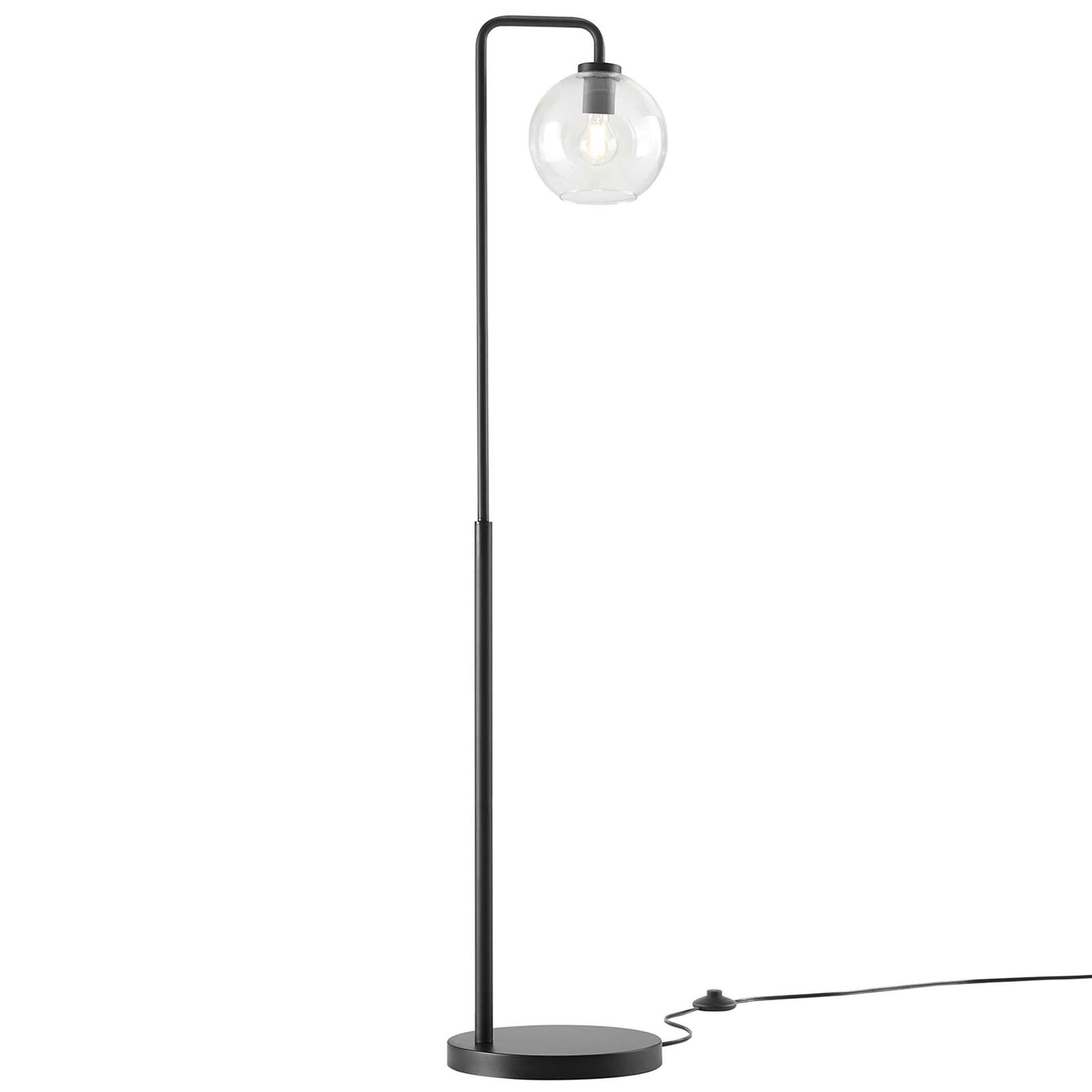 Black metal Silo floor lamp featuring a suspended spherical glass shade and slim minimalist profile || EEI-5616-BLK || front_angle_on_studio