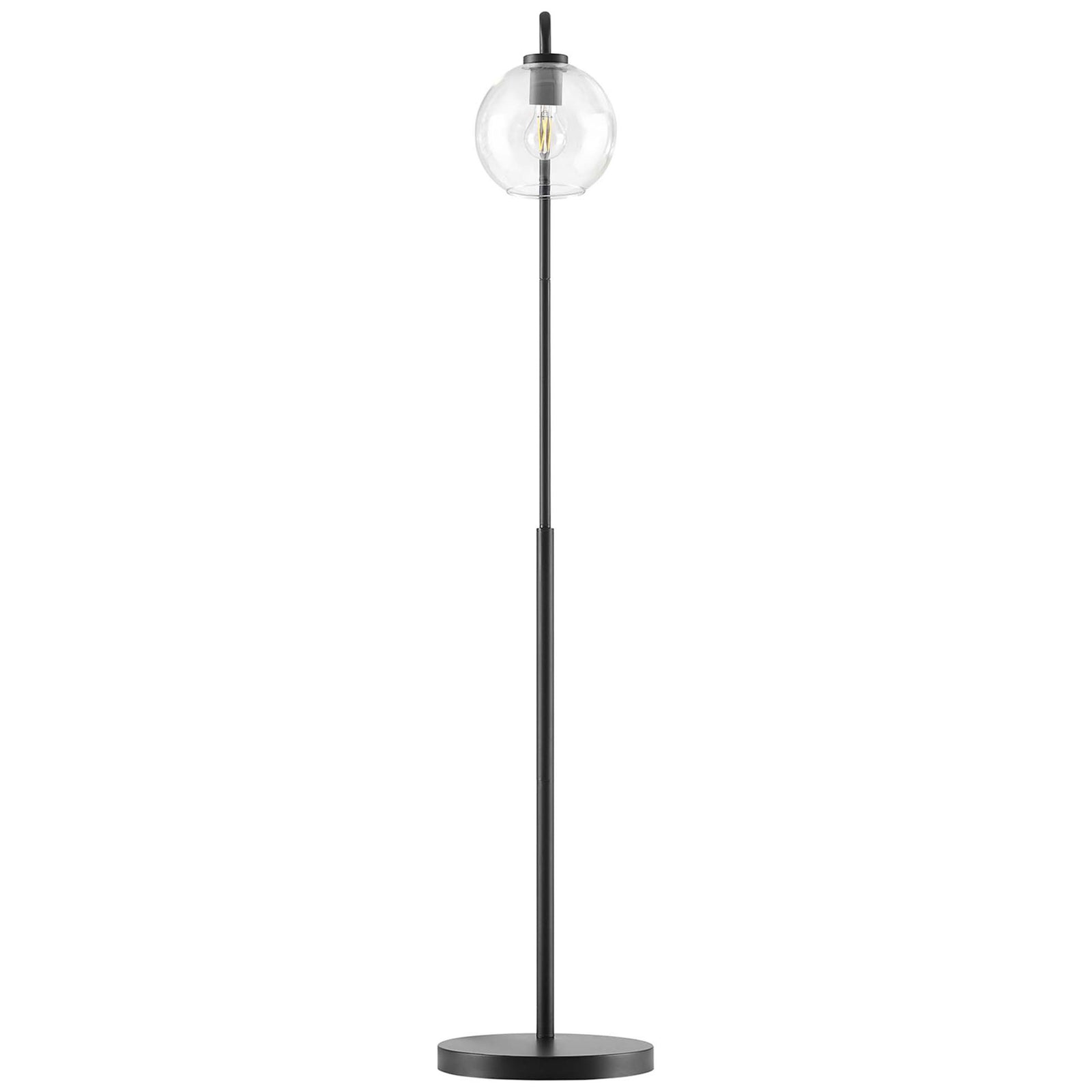 Silo black floor lamp with clear glass globe shade and slim metal stand for modern living spaces || EEI-5616-BLK || front_studio