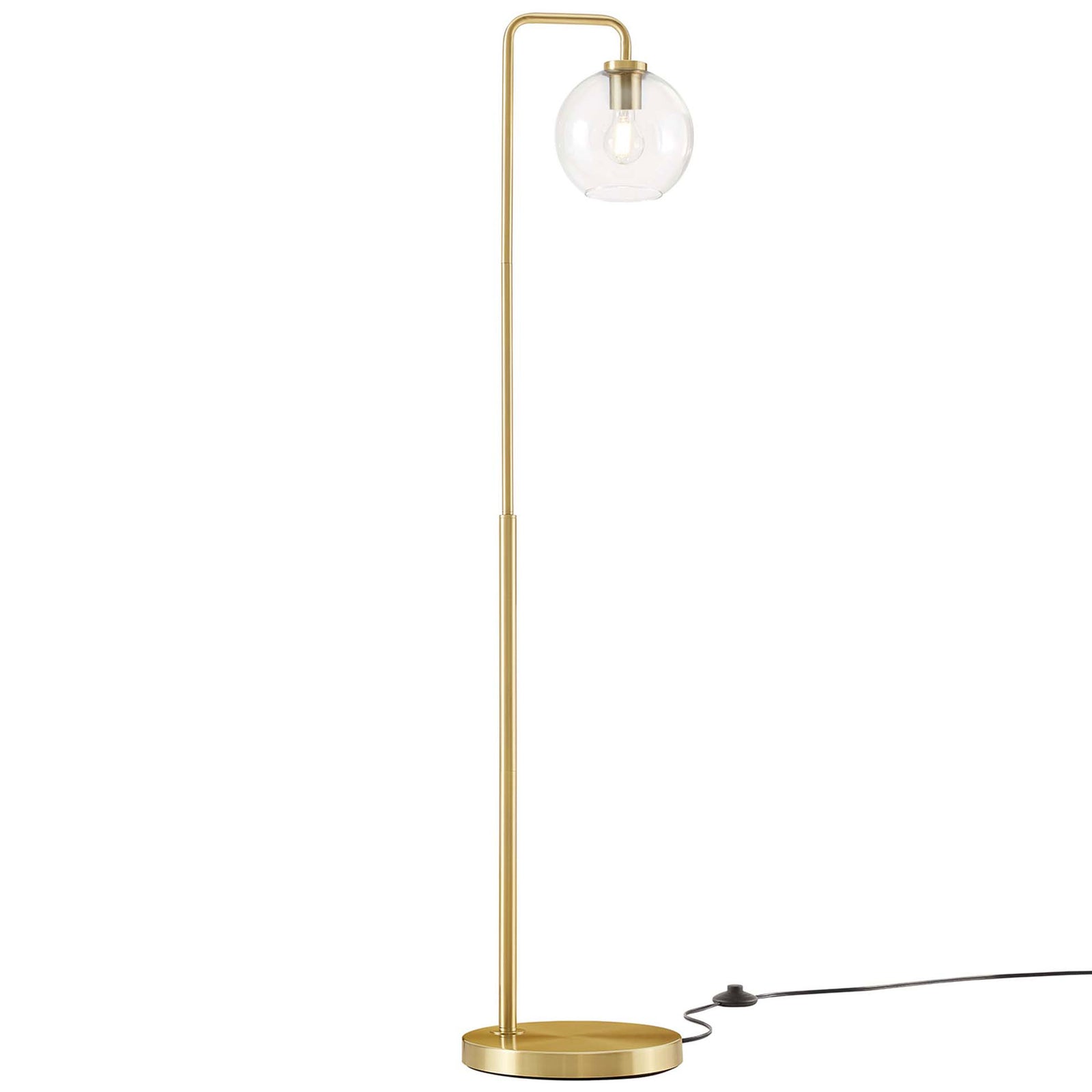 Modern satin brass floor lamp featuring tall offset pole and transparent globe shade || EEI-5616-SBR || front_angle_on_studio