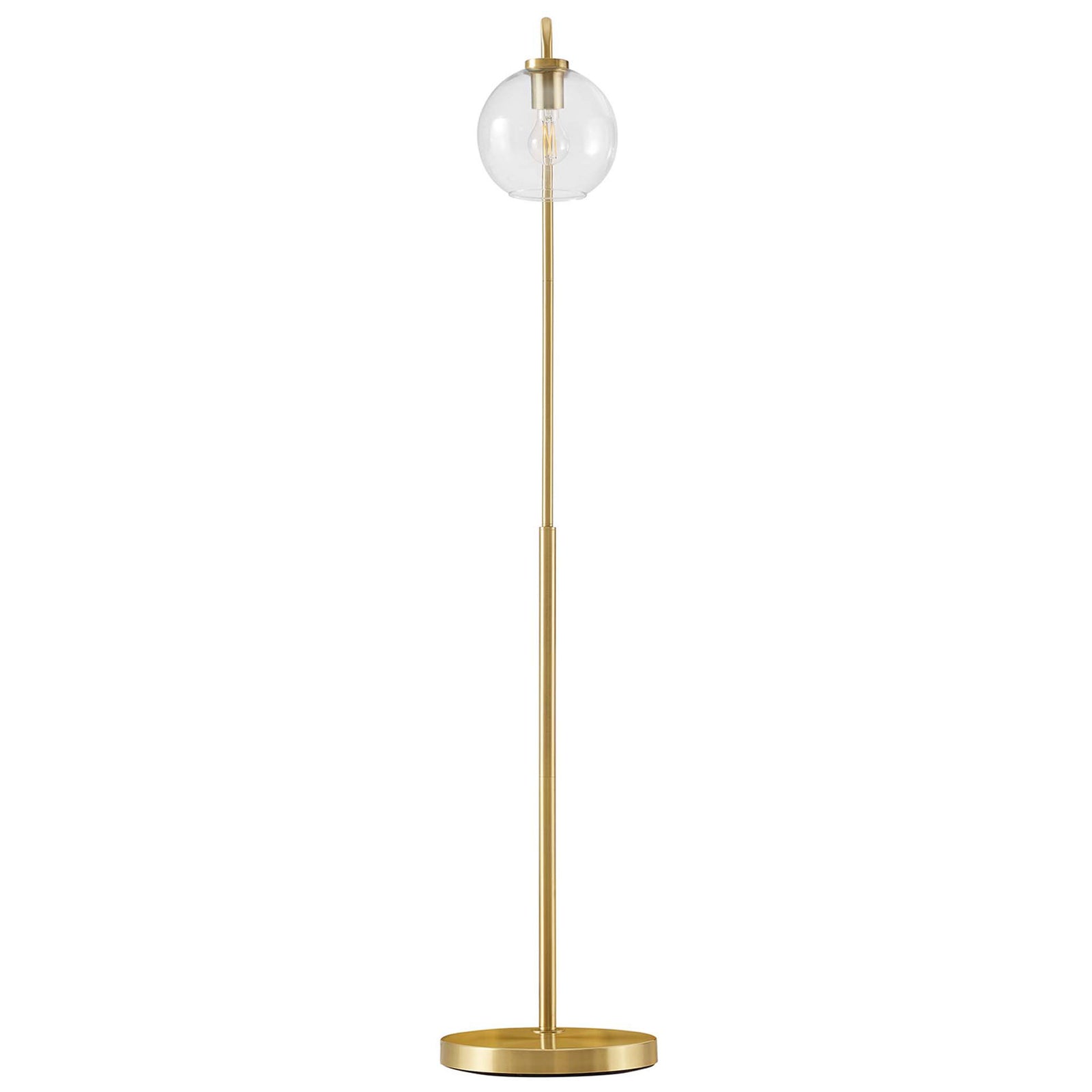Satin brass floor lamp with glass globe shade and slim column displaying clean minimal profile || EEI-5616-SBR || front_studio