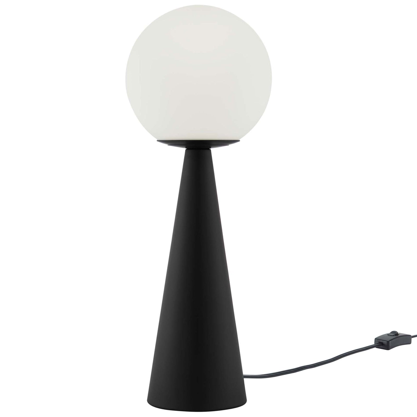 Modern glass globe table lamp with sleek black cone base and minimalist silhouette || EEI-5621-WHI-BLK || front_studio