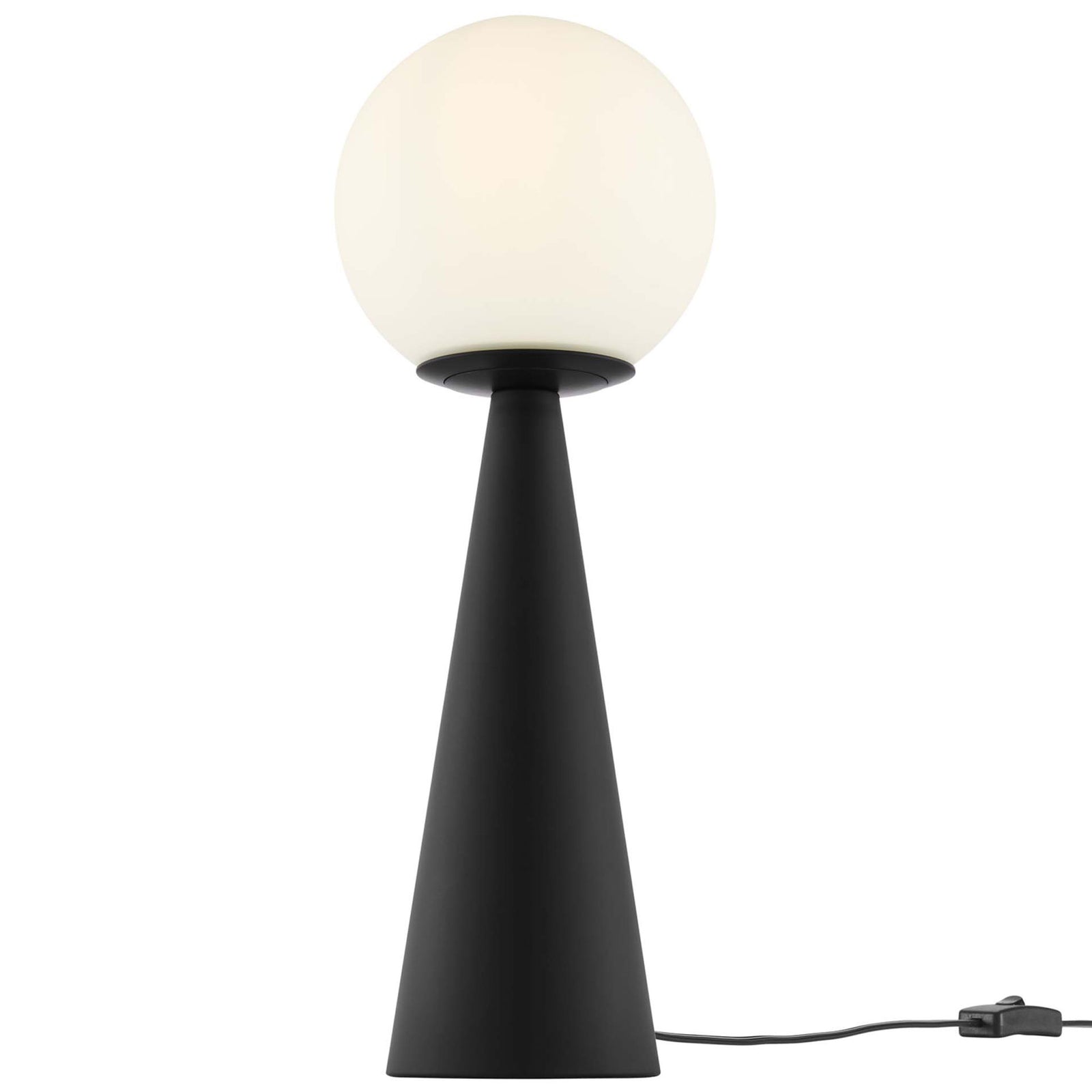 White globe table lamp casting a warm glow above a slender black cone base and inline cord || EEI-5621-WHI-BLK || front_on_studio