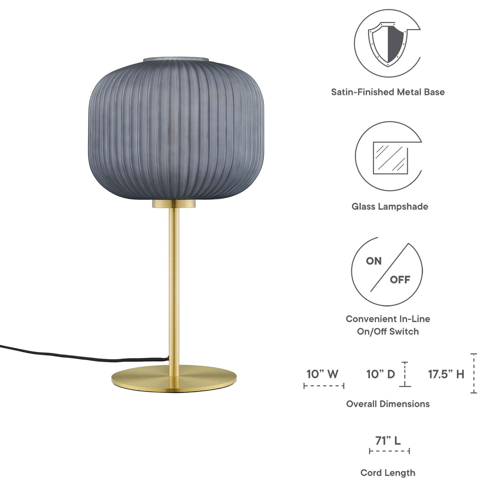 Reprise smoked glass table lamp with brass base shown with material icons and overall dimensions || EEI-5622-BLK-SBR || dimension_studio