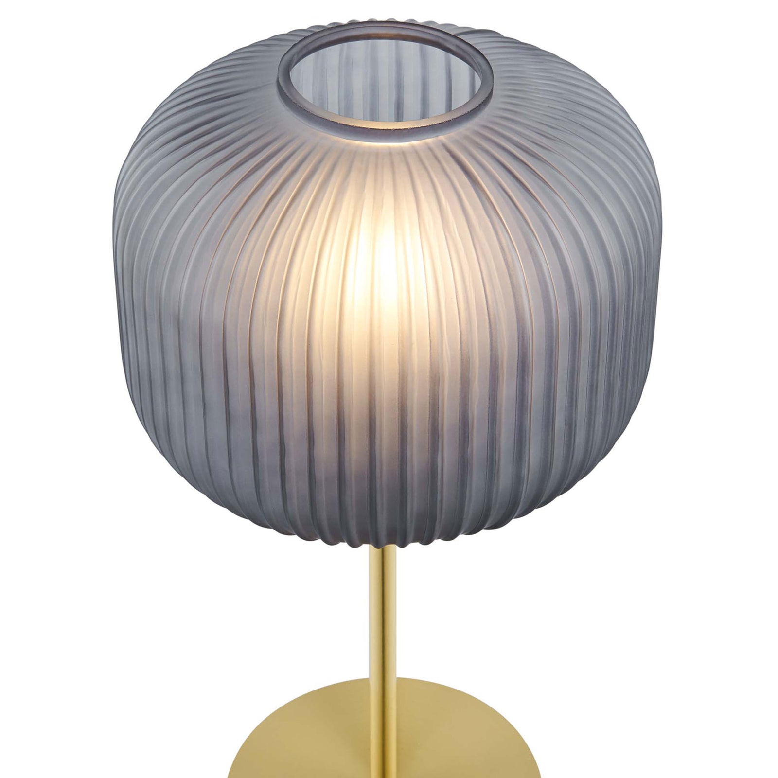 Ribbed smoked glass lampshade glowing softly to showcase its textured cylindrical globe profile || EEI-5622-BLK-SBR || shade_on_studio
