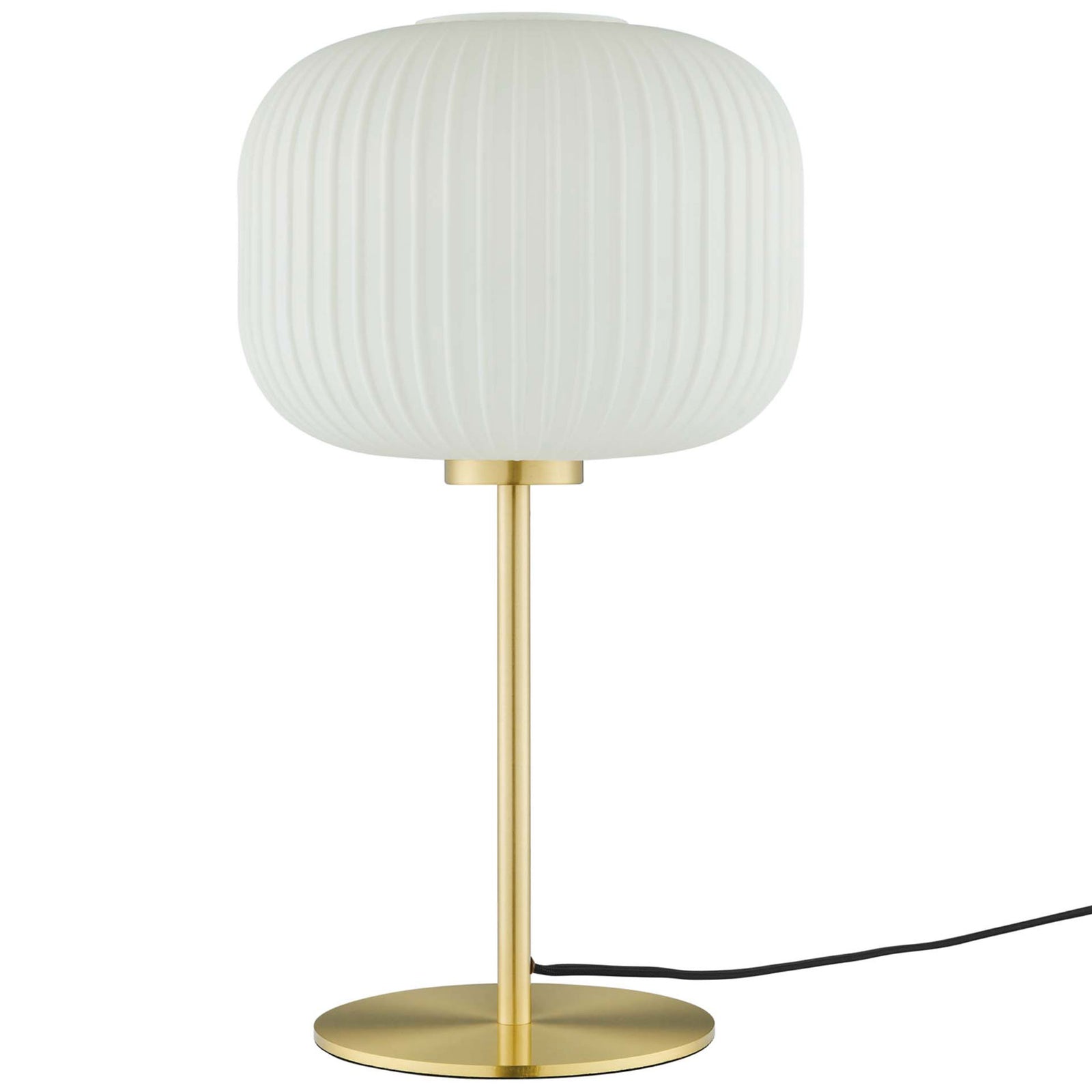 White ribbed glass globe table lamp with satin brass column and round base for clean modern style || EEI-5622-WHI-SBR || front_studio