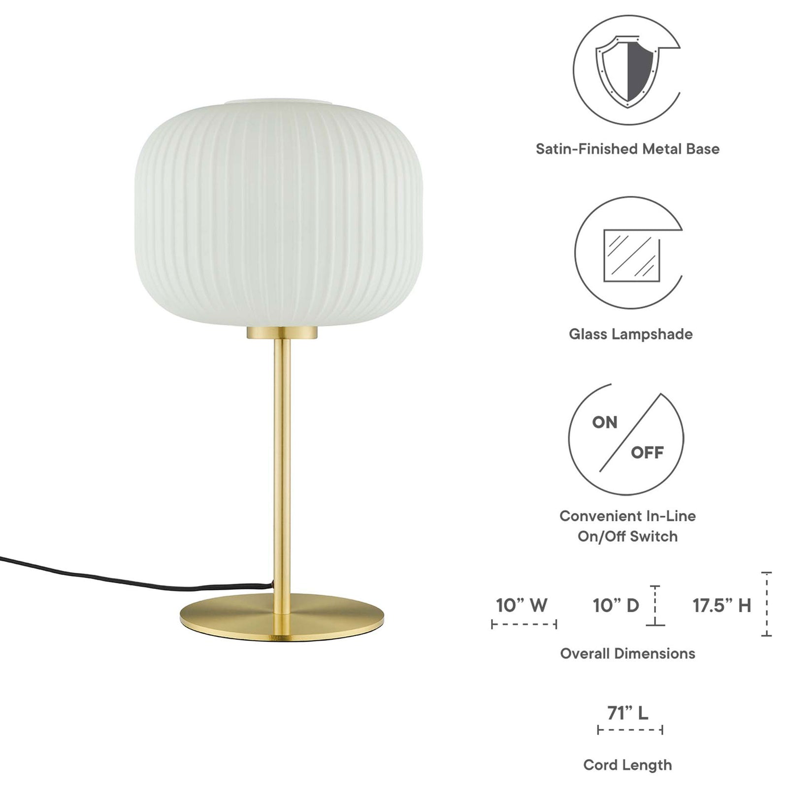 Reprise white glass table lamp with brass base shown with feature icons and size measurements || EEI-5622-WHI-SBR || dimension_studio