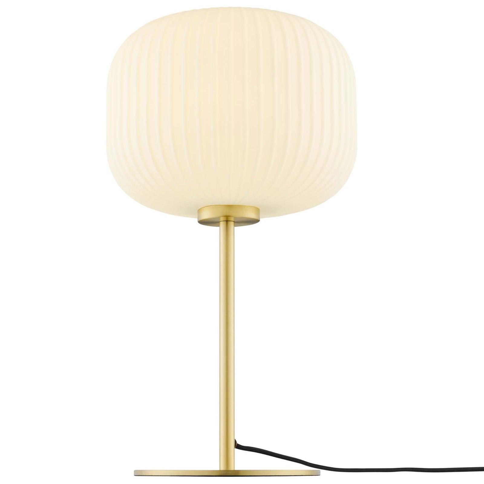 White glass globe lamp softly illuminated to reveal its fluted texture and warm satin brass base || EEI-5622-WHI-SBR || front_on_studio