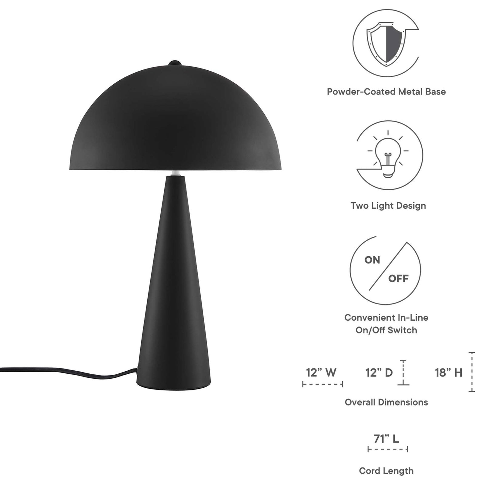 Dimensions diagram detailing Selena lamp height, shade size, and generous cord length || EEI-5624-BLK || dimension_studio