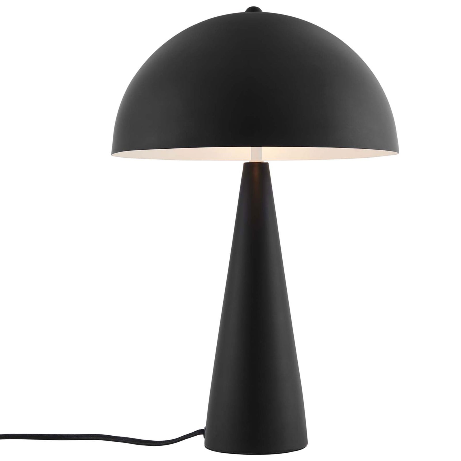 Black metal table lamp softly glowing under a half-dome shade to brighten desks and nightstands || EEI-5624-BLK || front_on_studio