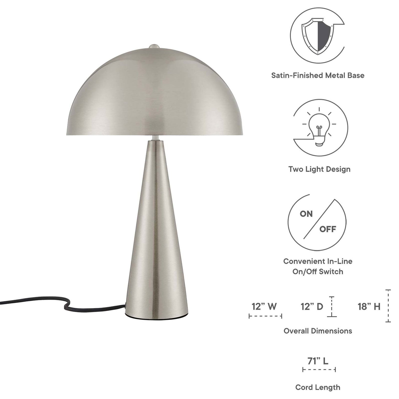 Dimensions diagram detailing Selena satin nickel lamp height, shade width, and cord length || EEI-5624-SNL || dimension_studio