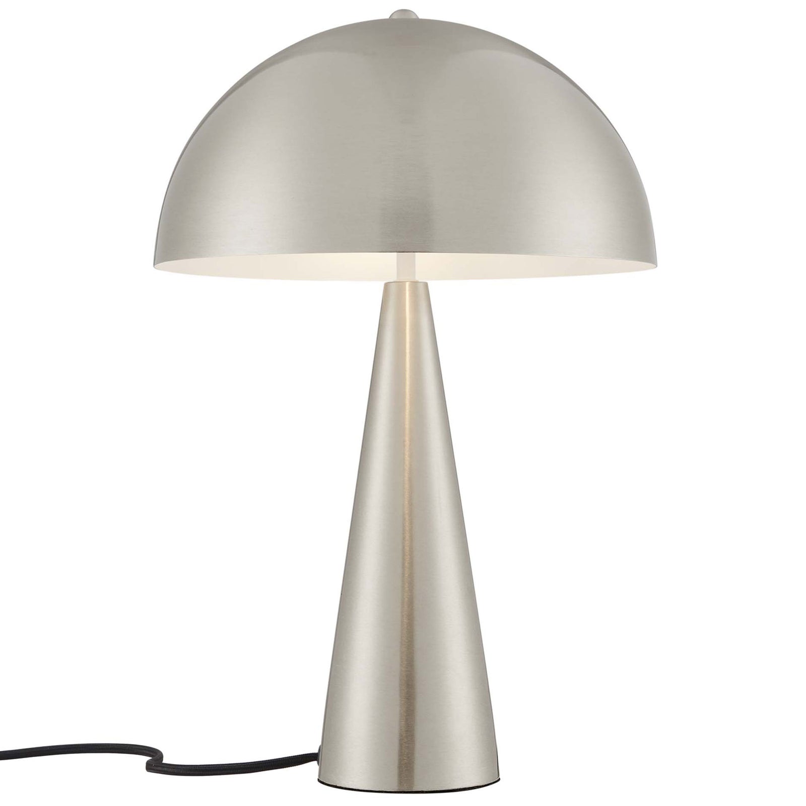 Satin nickel table lamp softly glowing beneath a dome shade to illuminate desks or nightstands || EEI-5624-SNL || front_on_studio