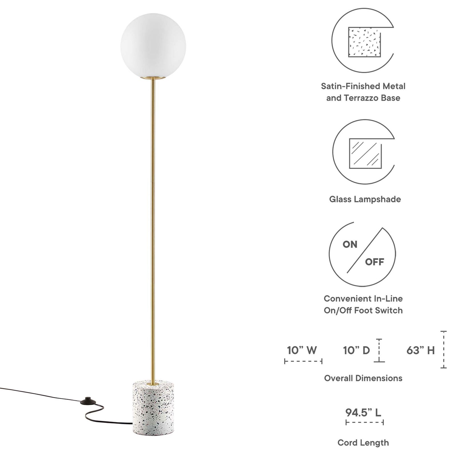 Logic floor lamp shown with globe shade, terrazzo base, and illustrated dimensions and features || EEI-5626-WHI || dimension_studio