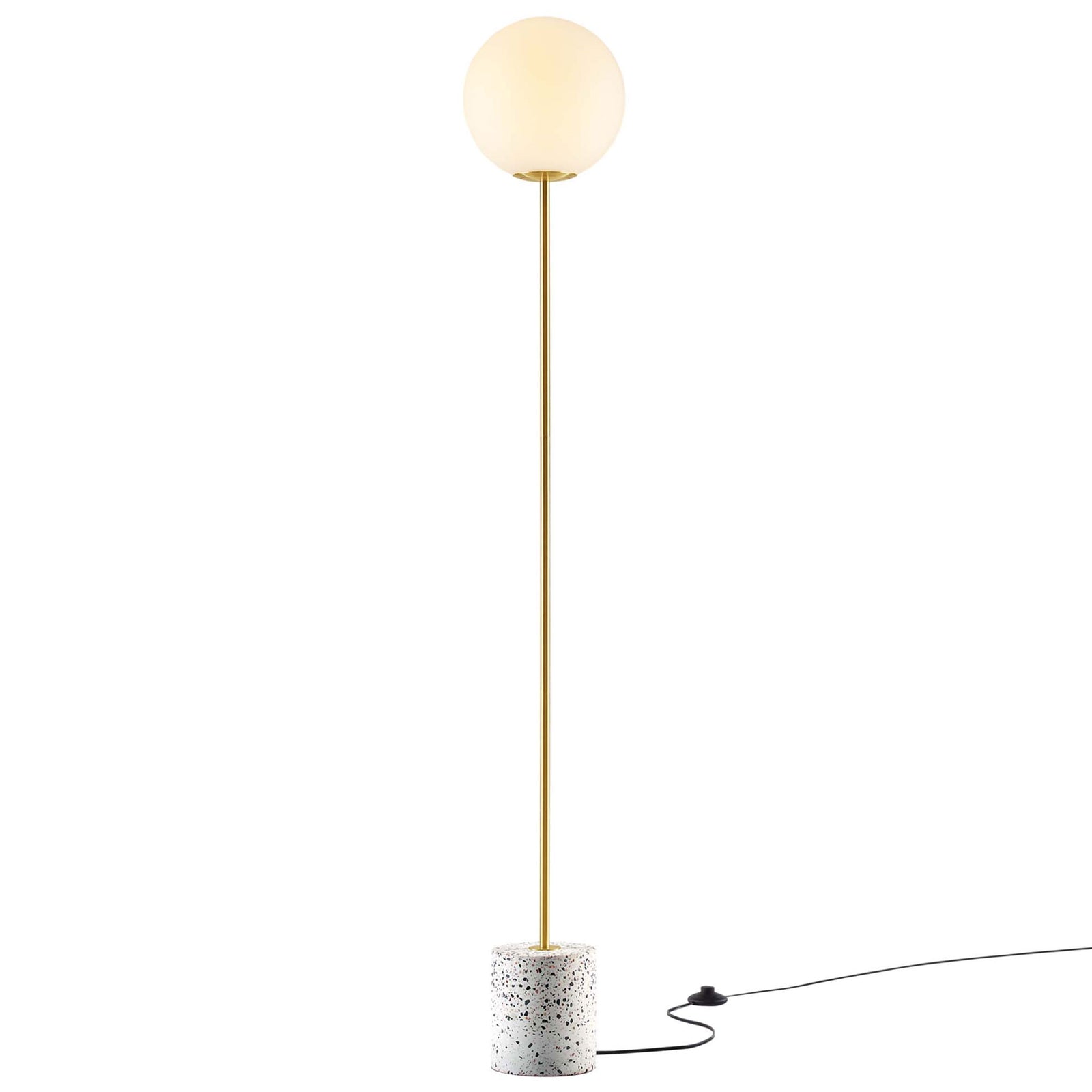 Tall terrazzo floor lamp with softly glowing globe shade creating warm, ambient light || EEI-5626-WHI || front_on_studio