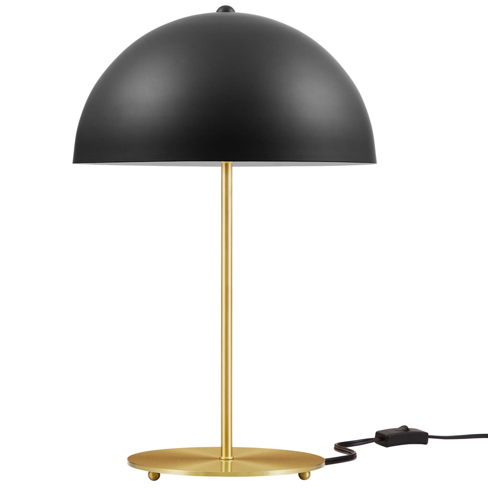 Black dome table lamp with satin brass base and inline switch for modern task lighting || EEI-5629-BLK-SBR || front_studio