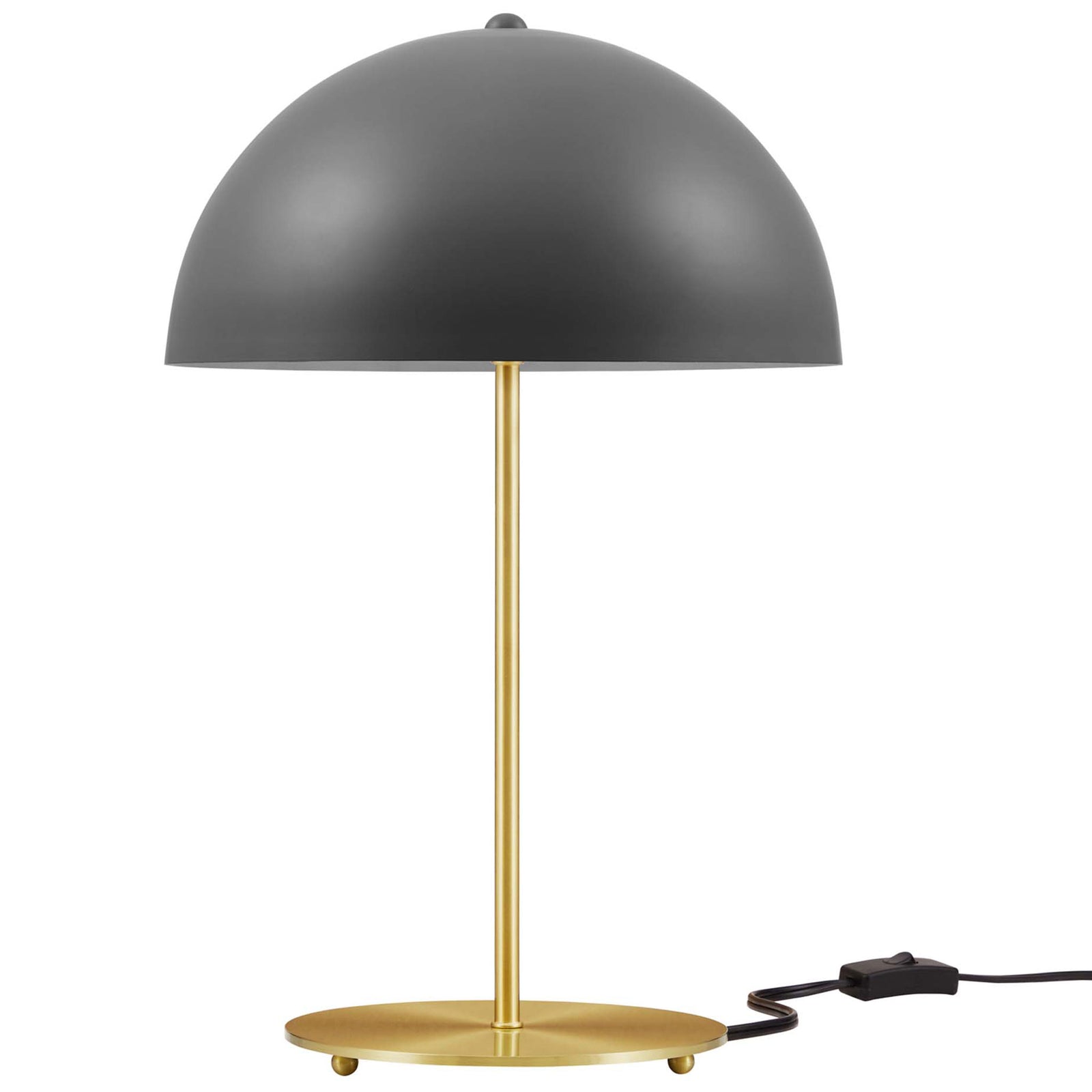 Gray dome table lamp with satin brass base and inline switch for versatile accent lighting || EEI-5629-GRY-SBR || front_studio