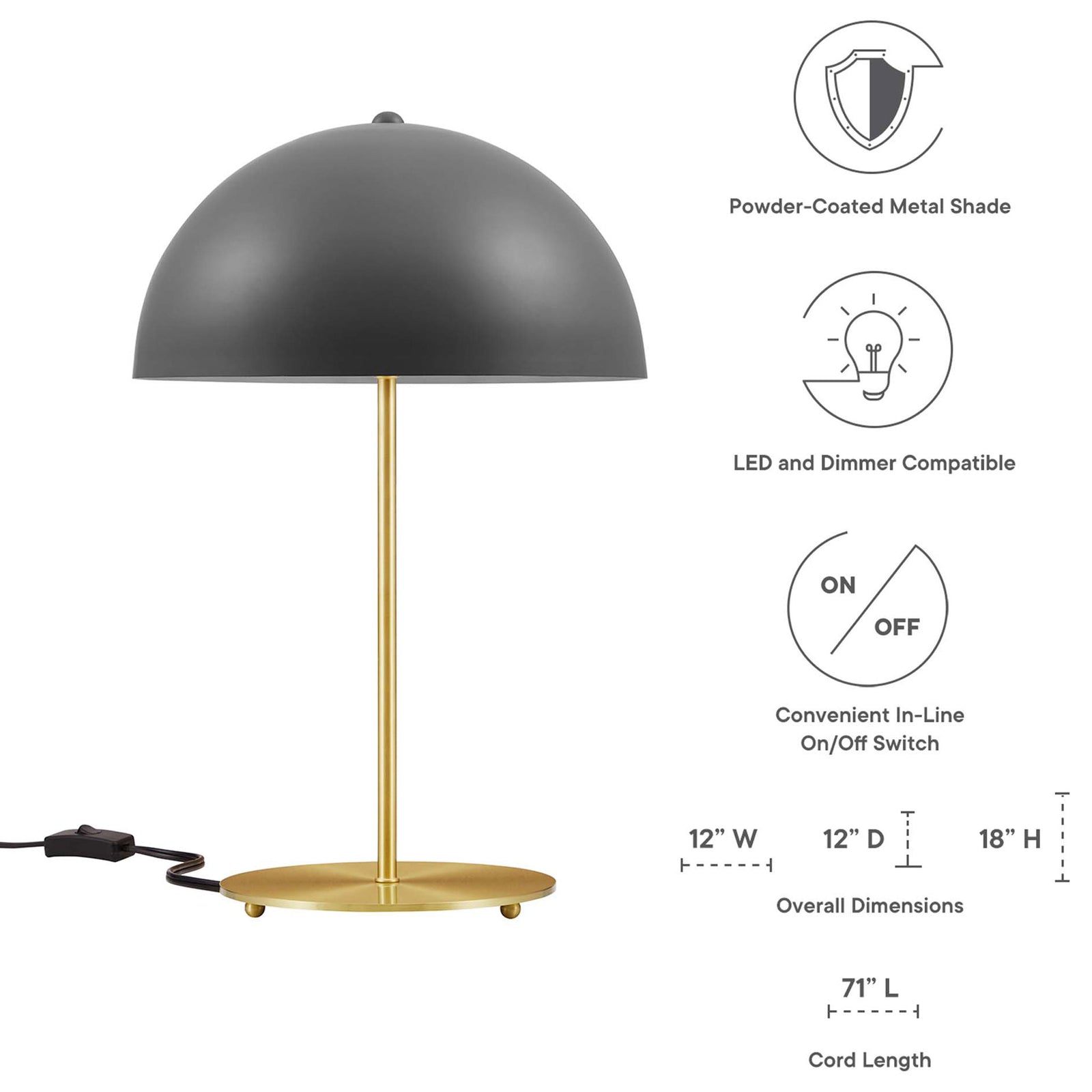 Gray metal dome table lamp with satin brass base and graphics showing dimensions and features || EEI-5629-GRY-SBR || dimension_studio