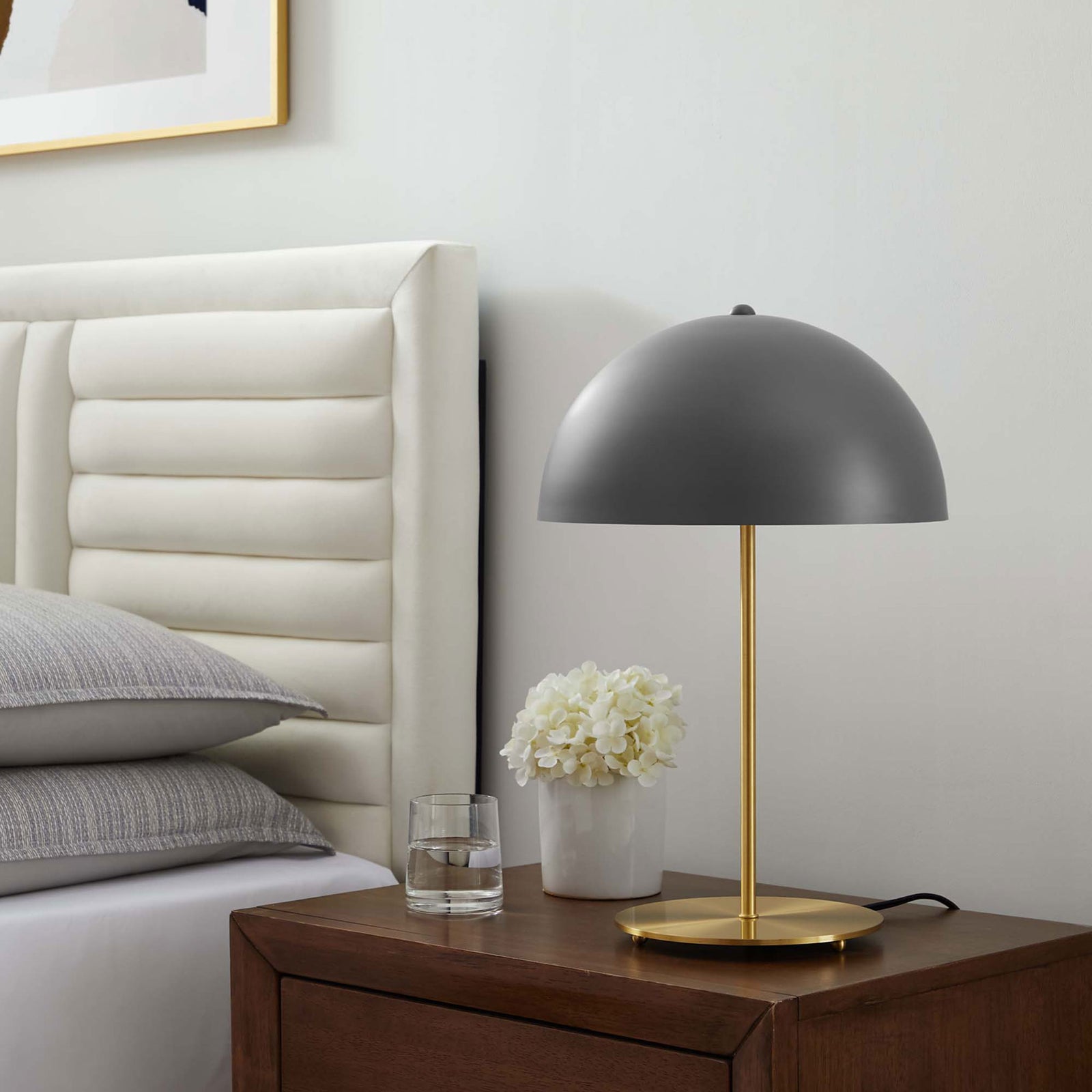 Gray dome table lamp on a bedside chest bringing modern contrast to a soft upholstered headboard || EEI-5629-GRY-SBR || front_angle_room