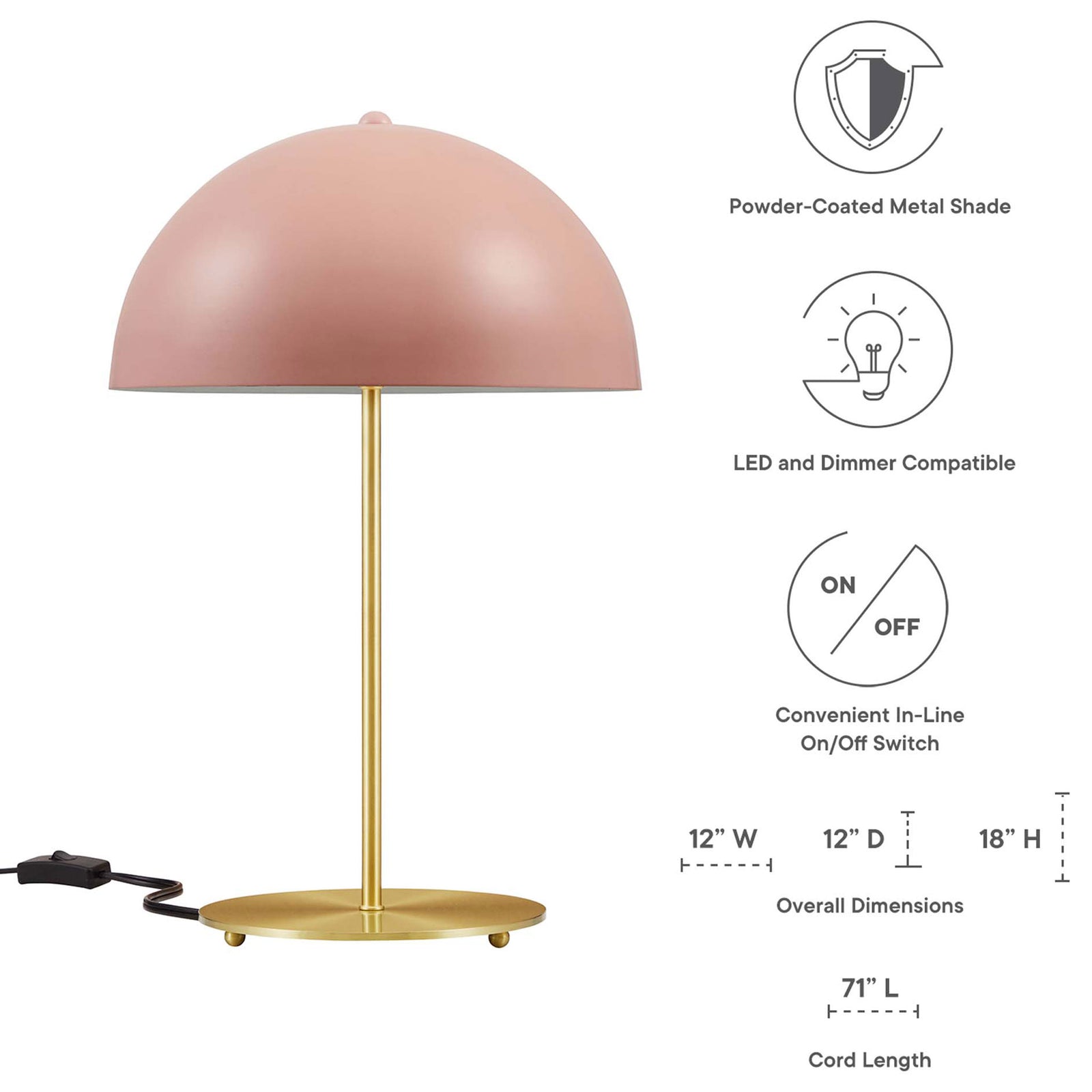 Pink metal dome table lamp with satin brass base and icons highlighting dimensions and features || EEI-5629-PNK-SBR || dimension_studio