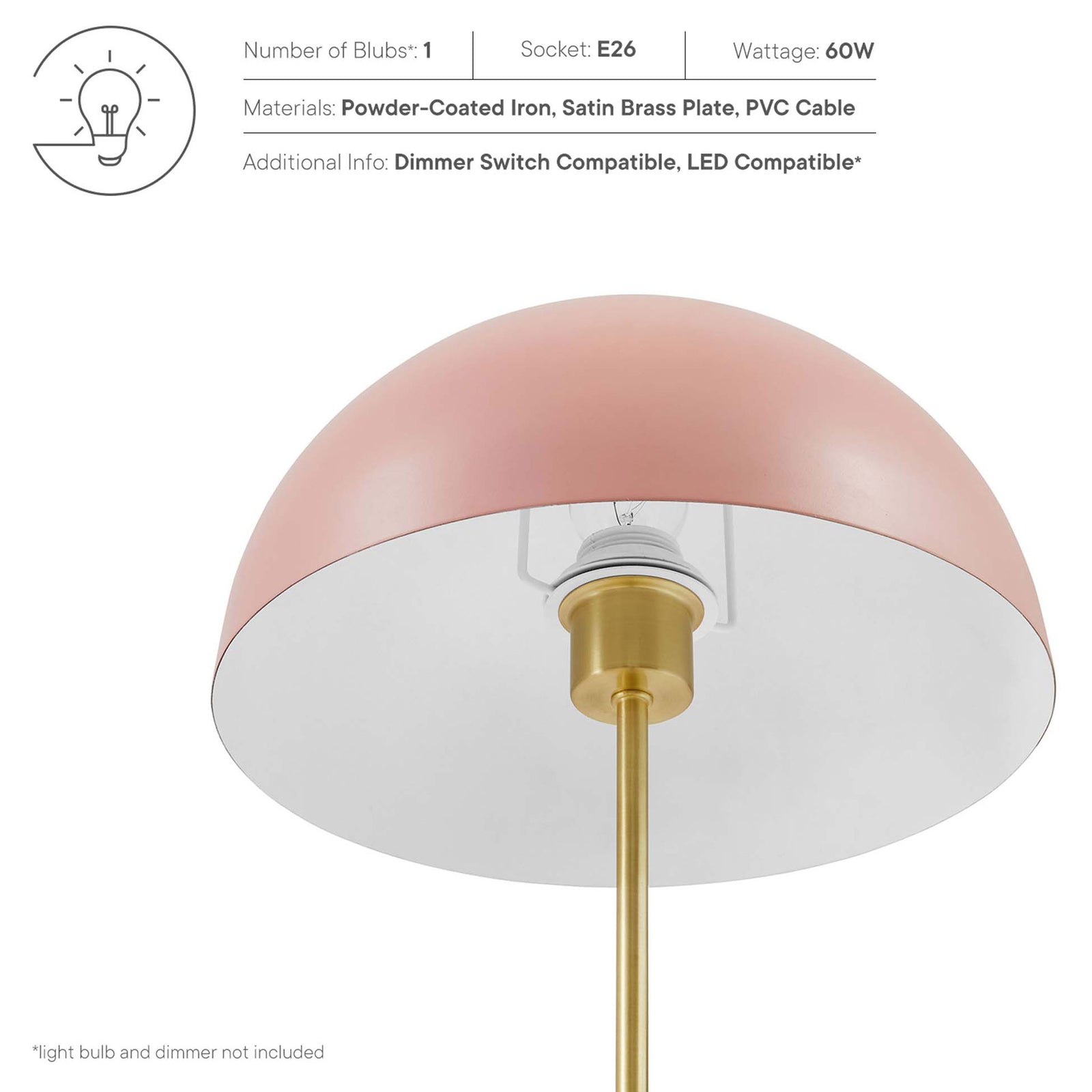 Pink dome lamp with text callouts for materials, bulb type, wattage, and dimmer use || EEI-5629-PNK-SBR || callout_studio