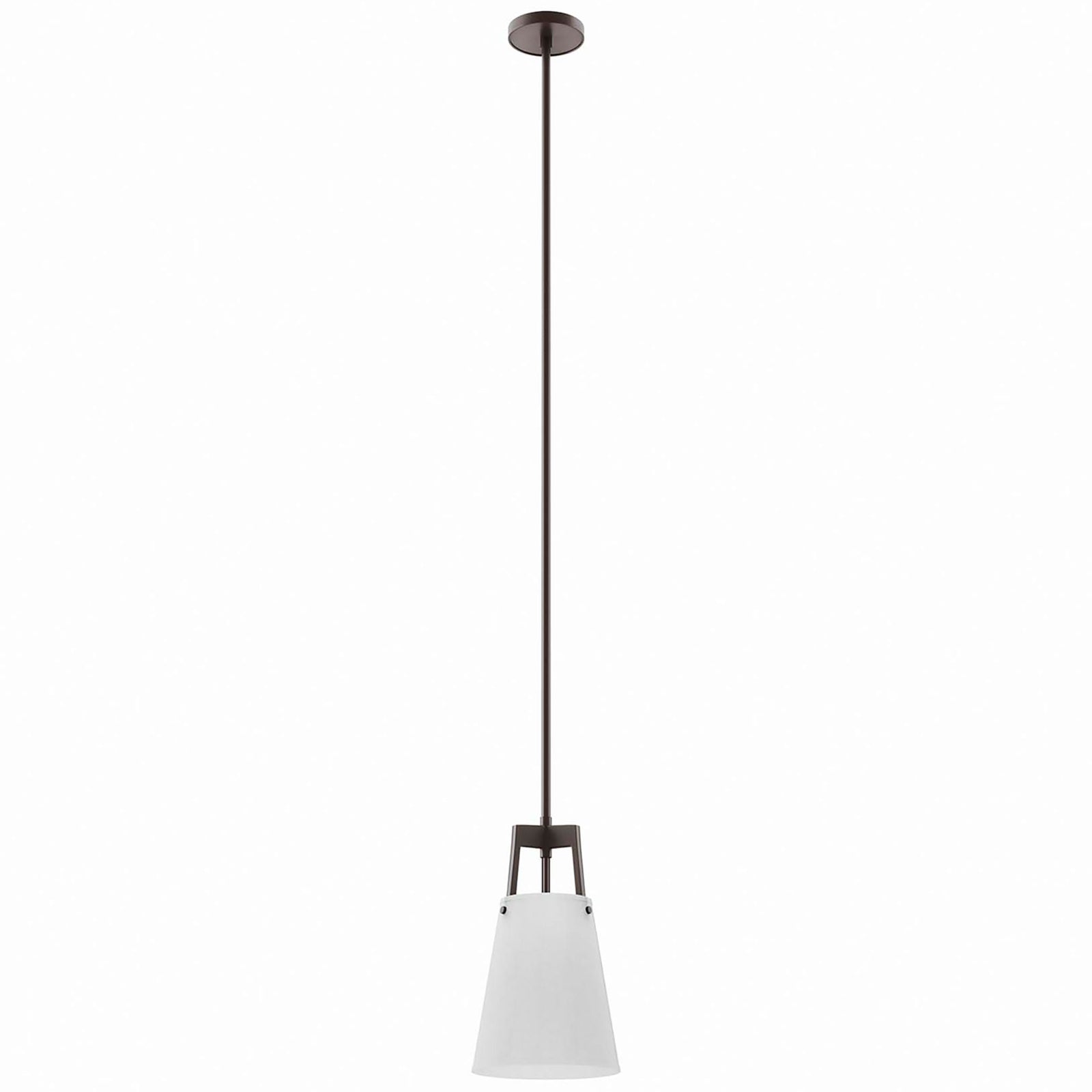 Slim cone pendant light with white fabric shade and bronze frame for clean modern overhead lighting || EEI-5639-WHI-BRZ || front_studio