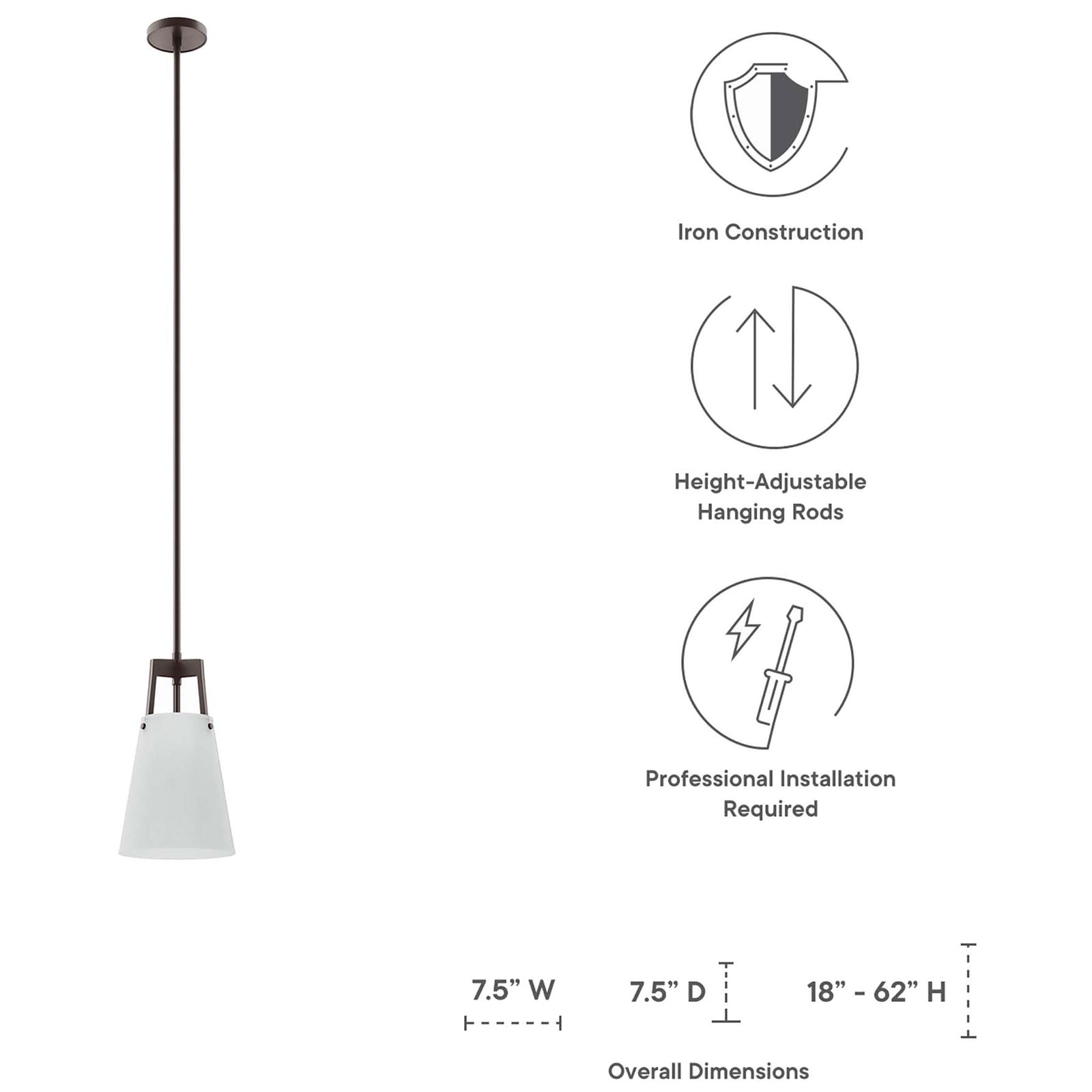 Pendant dimensions and key features including iron construction, adjustable rods, and pro installation guidance || EEI-5639-WHI-BRZ || dimension_studio