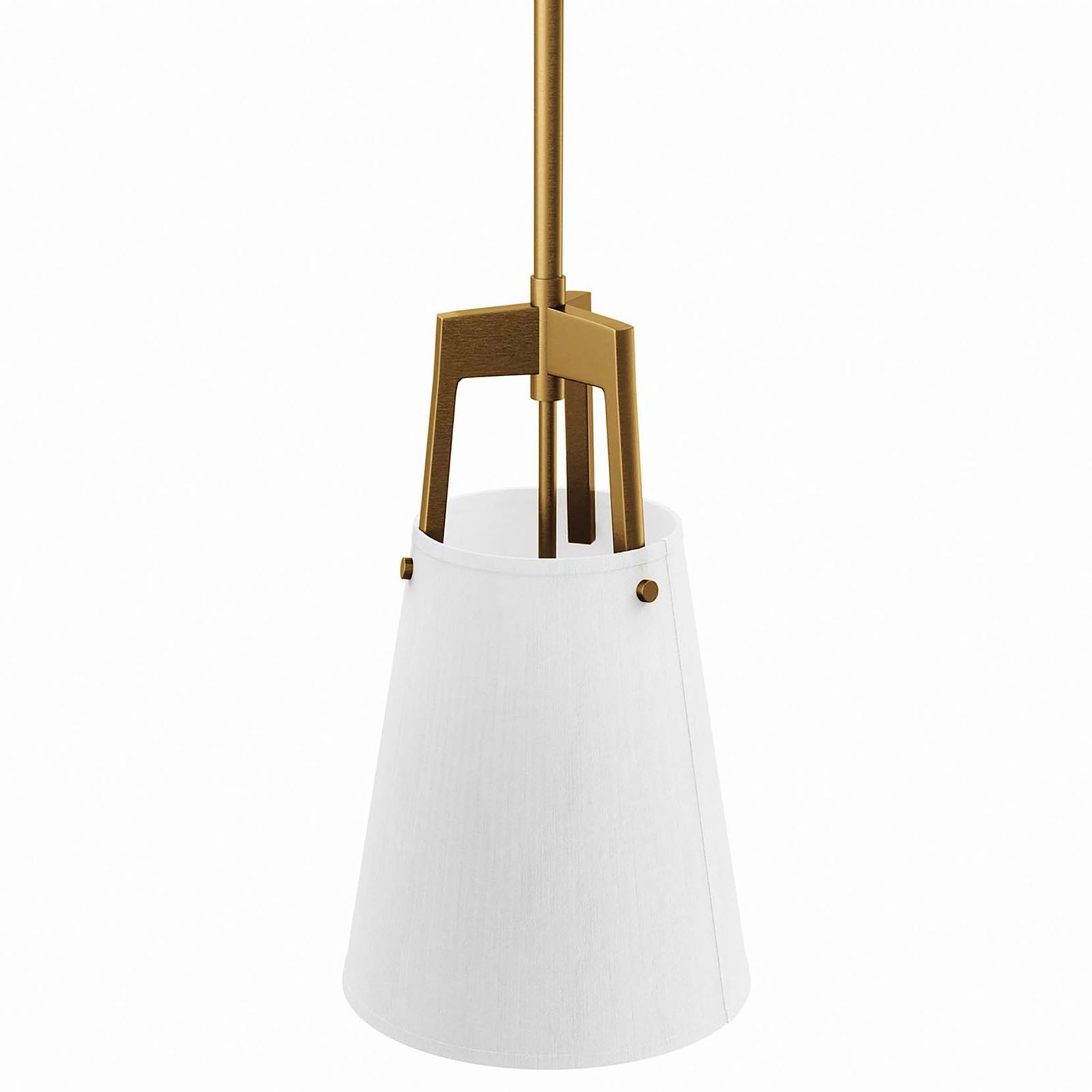 Top detail of white cone shade with geometric satin brass support arms || EEI-5639-WHI-SBR || detail_studio