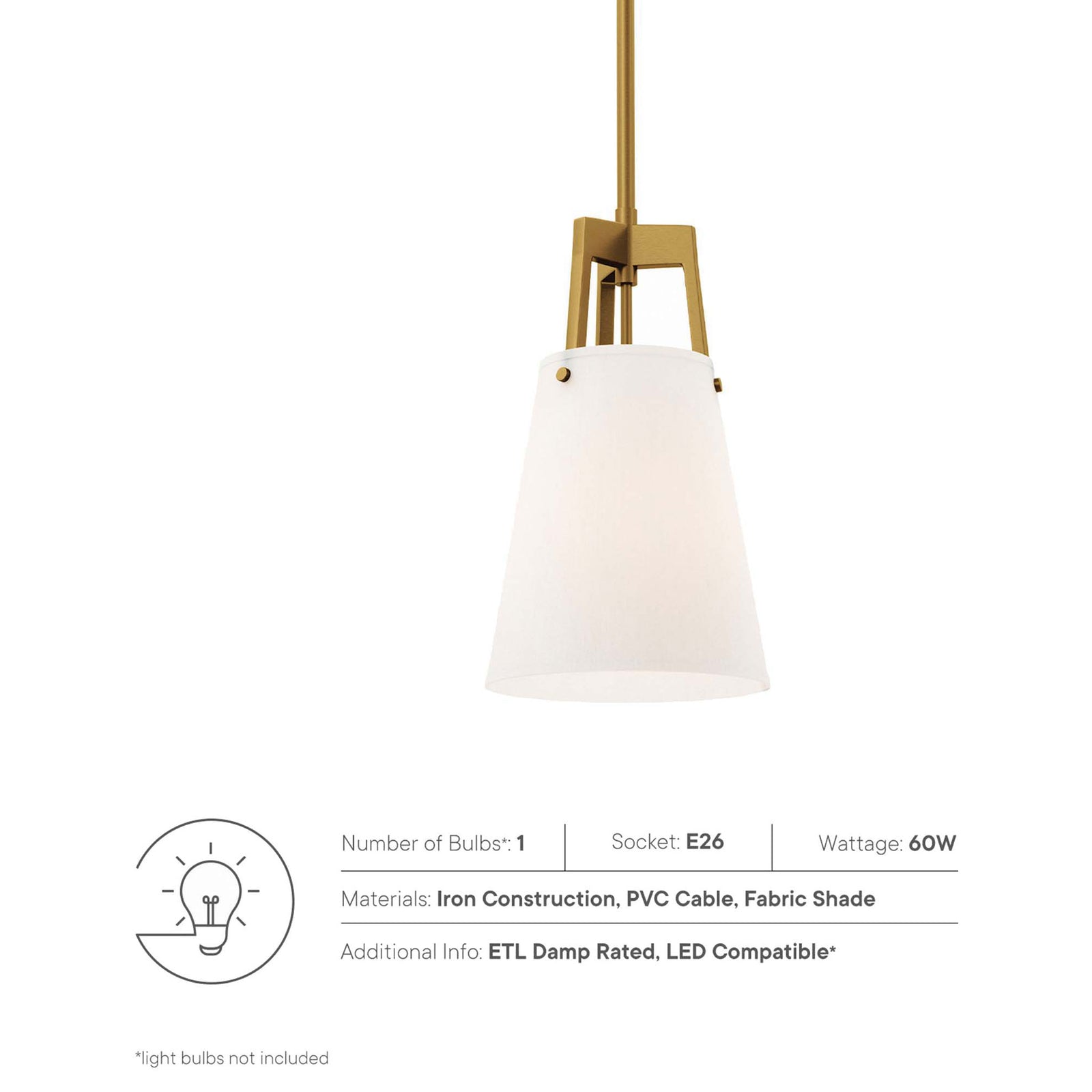 Pendant light highlighting bulb type, wattage, materials, and damp rating icons || EEI-5639-WHI-SBR || callout_studio