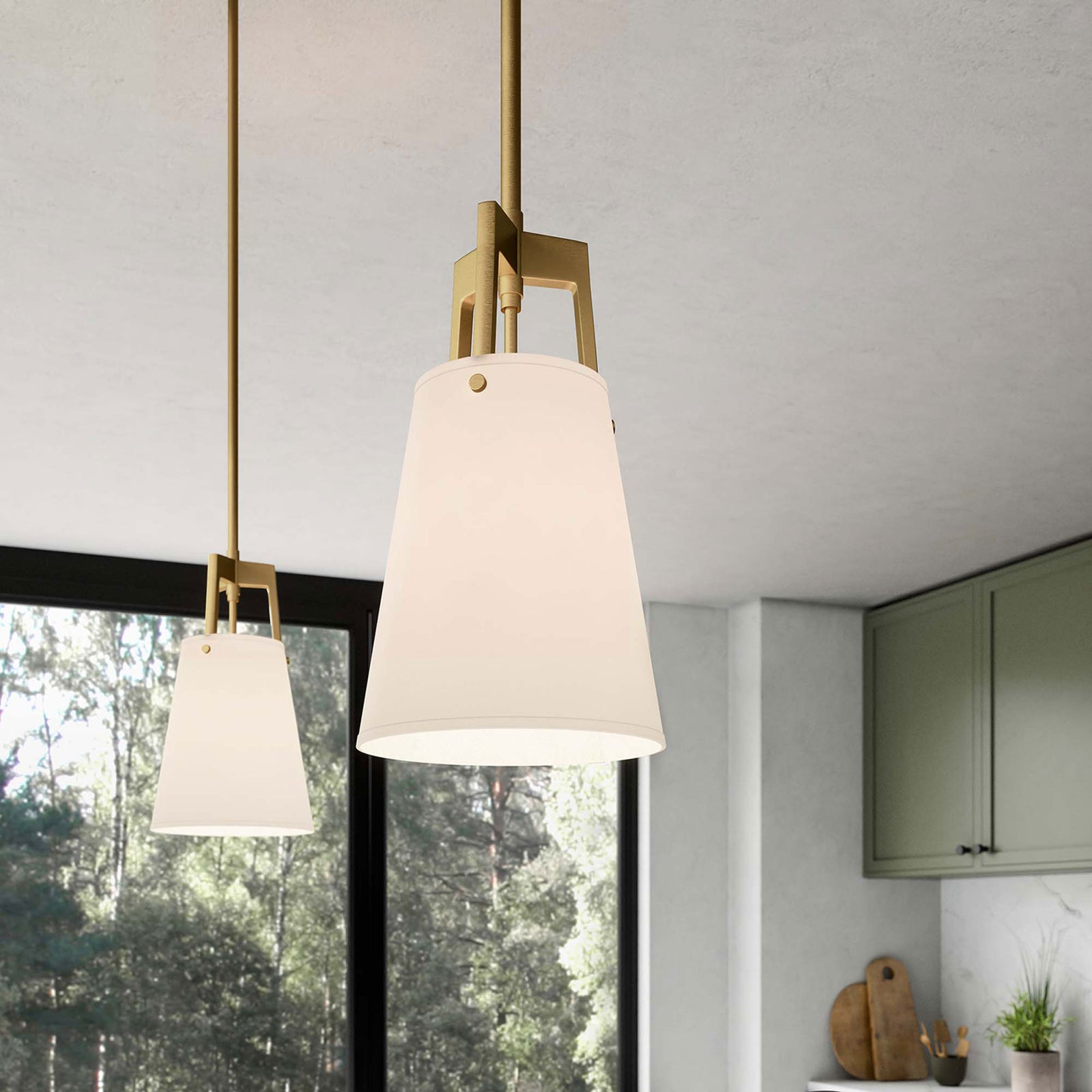 Lit white fabric shade and satin brass frame pendant over a bright kitchen window || EEI-5639-WHI-SBR || shade_on_room