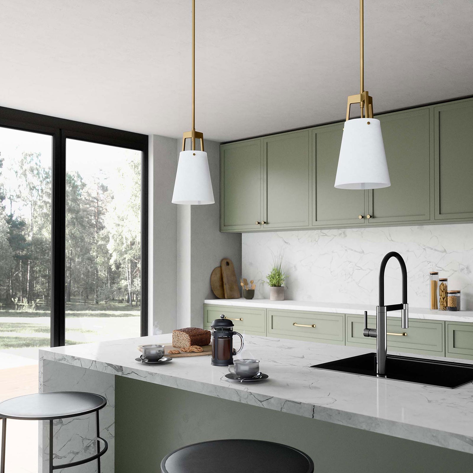 Pair of white cone pendant lights with satin brass accents above a modern kitchen island || EEI-5639-WHI-SBR || front_angle_room