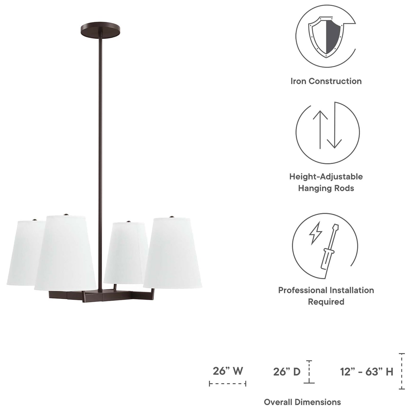 Size details and installation highlights for the Mercer 4-light pendant || EEI-5640-WHI-BRZ || dimension_studio
