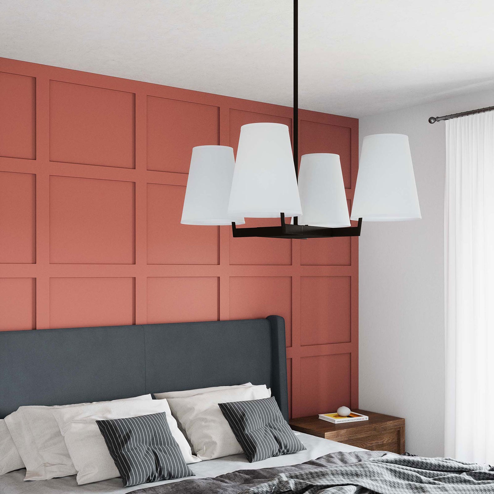 Mercer 4-light pendant brings balanced, soft style above the bed || EEI-5640-WHI-BRZ || front_angle_room
